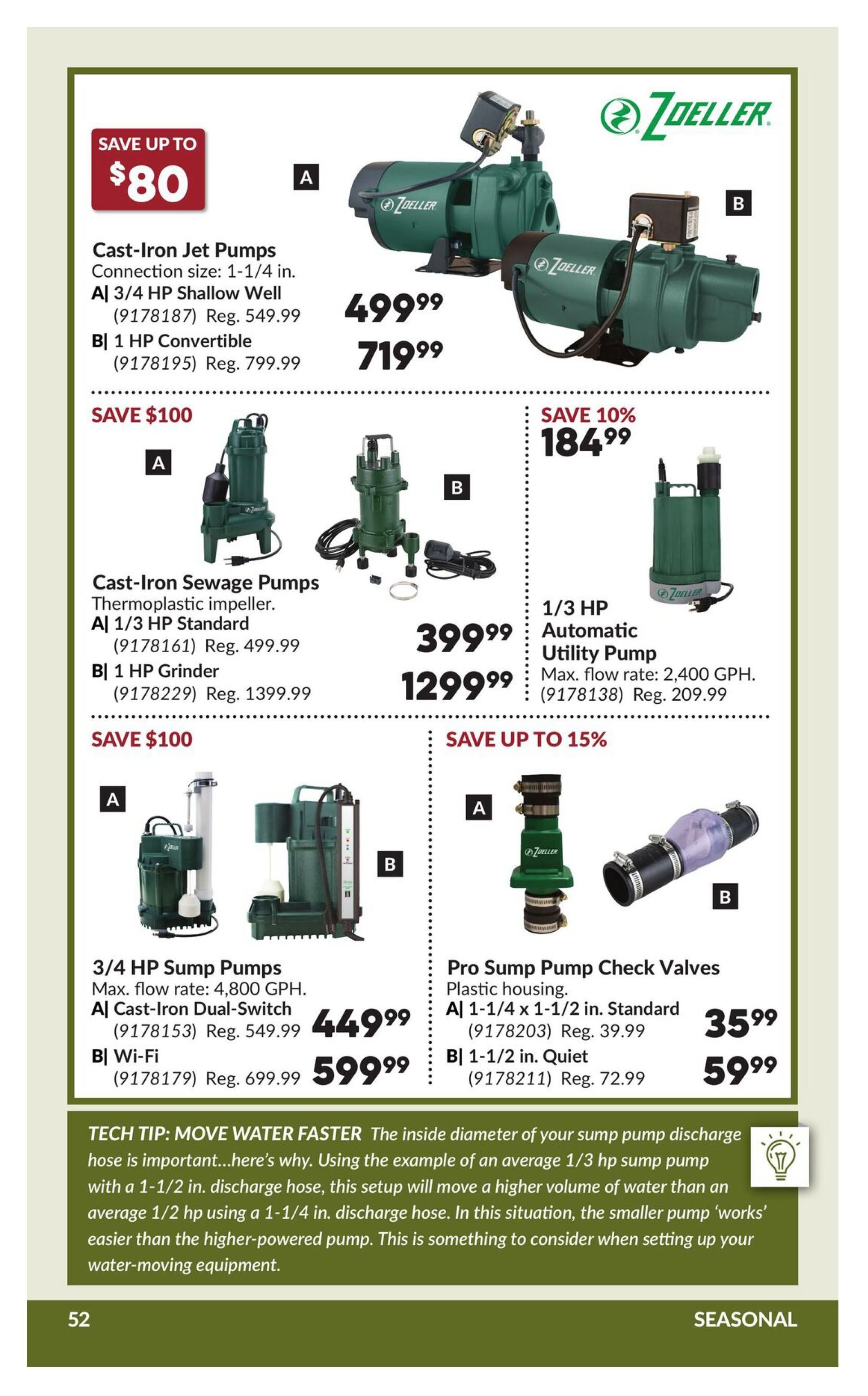 Princess Auto flyer page 58 features Zoeller pumps and accessories. Save up to $80 on Cast-Iron Jet Pumps with connection size 1-1/4 in. Model A, 3/4 HP Shallow Well, is $499.99 (Reg. $549.99) and Model B, 1 HP Convertible, is $719.99 (Reg. $799.99). Save $100 on Cast-Iron Sewage Pumps with thermoplastic impellers. Model A, 1/3 HP Standard, is $399.99 (Reg. $499.99) and Model B, 1 HP Grinder, is $1299.99 (Reg. $1399.99). Save 10% on a 1/3 HP Automatic Utility Pump with a max flow rate of 2,400 GPH for $184.99 (Reg. $209.99). Save $100 on 3/4 HP Sump Pumps with max flow rate of 4,800 GPH. Model A, Cast-Iron Dual-Switch, is $449.99 (Reg. $549.99) and Model B, Wi-Fi, is $599.99 (Reg. $699.99). Save up to 15% on Pro Sump Pump Check Valves. Model A, 1-1/4 x 1-1/2 in. Standard, is $35.99 (Reg. $39.99) and Model B, 1-1/2 in. Quiet, is $59.99 (Reg. $72.99). Includes a tech tip on moving water faster with discharge hose selection.
