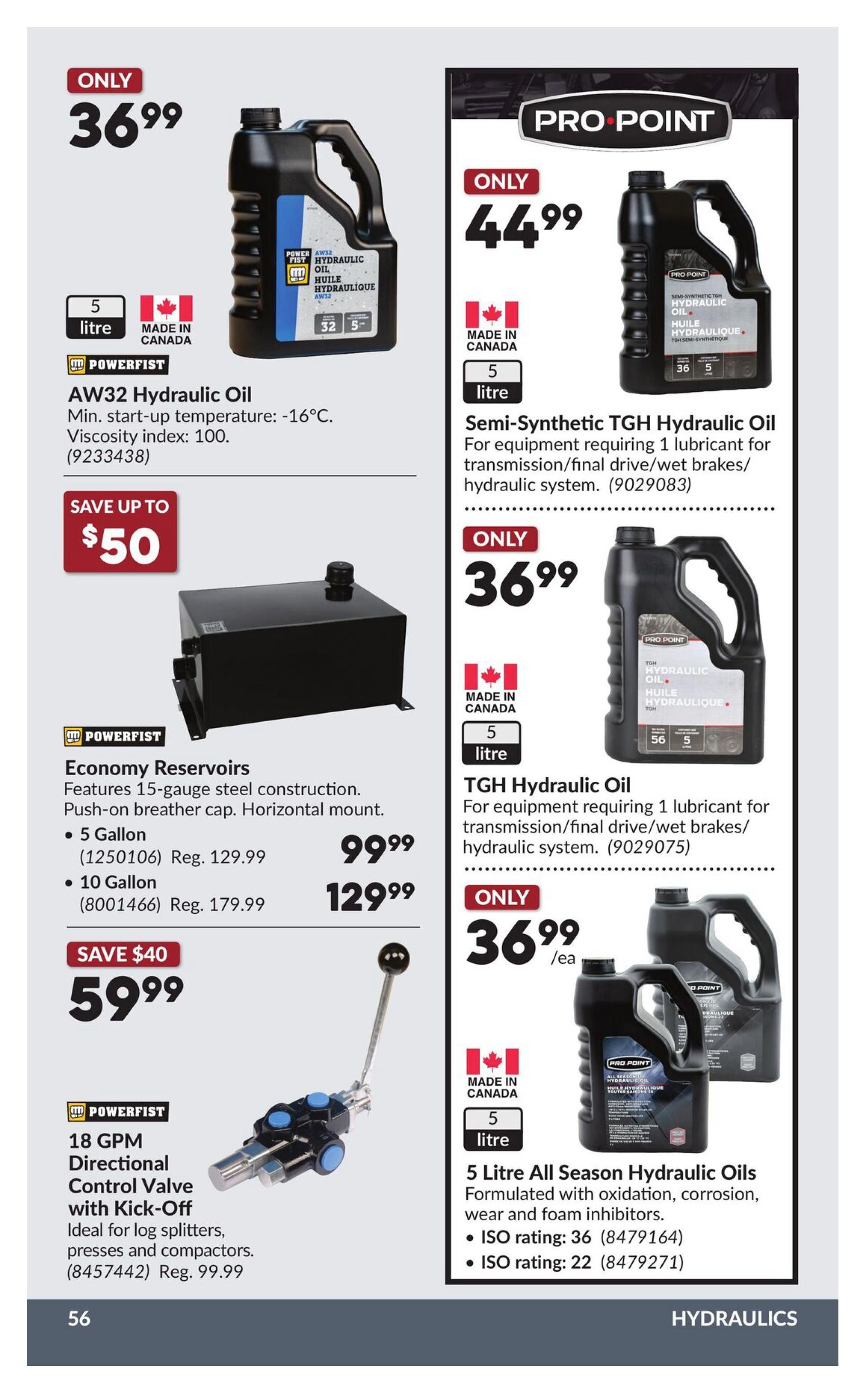 Princess Auto flyer specials page 62 features hydraulic oils and reservoirs. On the left, Powerfist AW32 Hydraulic Oil is available for $36.99. Below, Economy Reservoirs are on sale for $59.99, with a $40 saving. The 5-gallon size has a regular price of $129.99 and the 10-gallon size is $179.99. Also featured is a Powerfist 18 GPM Directional Control Valve with Kick-Off for $59.99, regular price $99.99. On the right, Pro Point Semi-Synthetic TGH Hydraulic Oil (5 litre) is $44.99. Pro Point TGH Hydraulic Oil (5 litre) is $36.99. Pro Point 5 Litre All Season Hydraulic Oils are also $36.99 each, formulated with oxidation and corrosion inhibitors, with ISO ratings of 36 and 22.