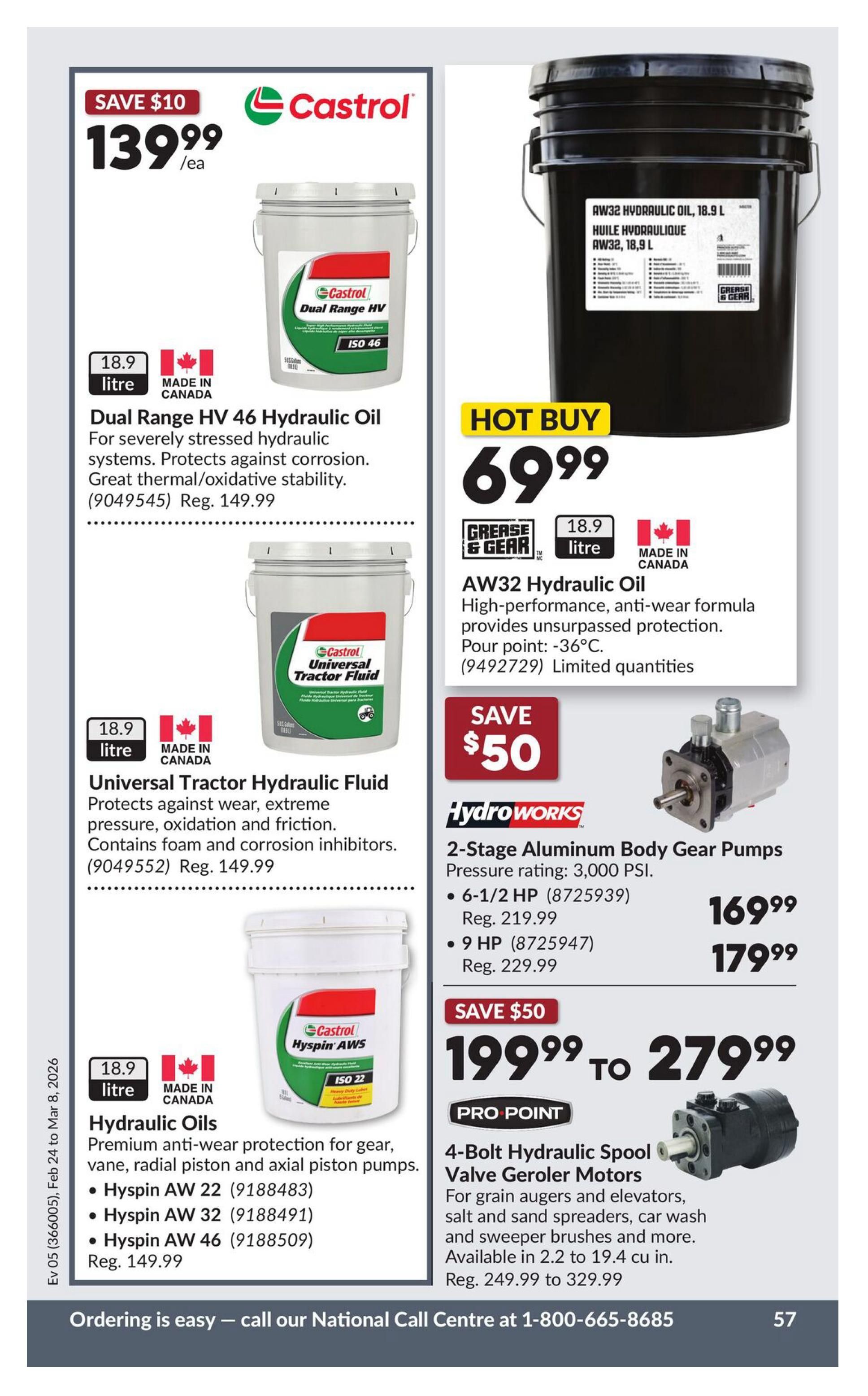 Princess Auto flyer page 63 features Castrol Dual Range HV 46 Hydraulic Oil in 18.9L for $139.99, saving $10. It also offers Castrol Universal Tractor Fluid in 18.9L for $139.99, saving $10. Additionally, there's a Hot Buy on Grease & Gear AW32 Hydraulic Oil, 18.9L for $69.99. HydroWorks 2-Stage Aluminum Body Gear Pumps are on sale: 6-1/2 HP for $169.99 (regular $219.99) and 9 HP for $179.99 (regular $229.99), a $50 saving on both. Pro-Point 4-Bolt Hydraulic Spool Valve Geroler Motors are priced from $199.99 to $279.99, a $50 saving from the regular price of $249.99 to $329.99. The page also lists Castrol Hyspin AW hydraulic oils (AW 22, AW 32, AW 46) in 18.9L for $149.99. The flyer is valid from February 24 to March 8, 2026.