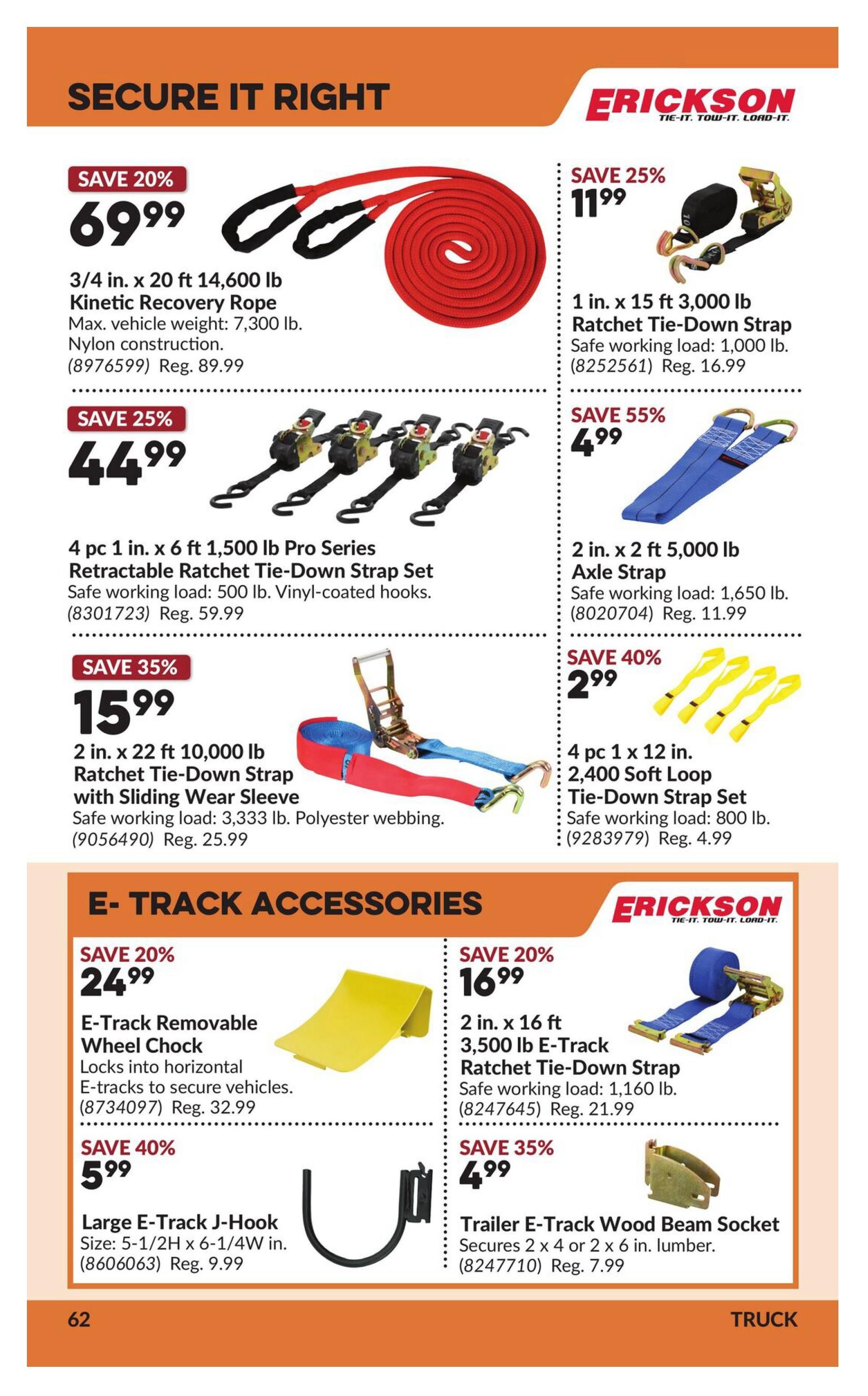 Princess Auto flyer page 68 features secure tie-down solutions. Save 20% on a 3/4 in. x 20 ft 14,600 lb Kinetic Recovery Rope for $69.99, with a max vehicle weight of 7,300 lb and nylon construction. Also on sale, save 25% on a 4 pc 1 in. x 6 ft 1,500 lb Pro Series Retractable Ratchet Tie-Down Strap Set with vinyl-coated hooks for $44.99. Save 35% on a 2 in. x 22 ft 10,000 lb Ratchet Tie-Down Strap with Sliding Wear Sleeve for $15.99. On the right side, save 25% on a 1 in. x 15 ft 3,000 lb Ratchet Tie-Down Strap for $11.99. Save 55% on a 2 in. x 2 ft 5,000 lb Axle Strap for $4.99. Save 40% on a 4 pc 1 x 12 in. 2,400 lb Soft Loop Tie-Down Strap Set for $2.99. The E-Track Accessories section includes a save 20% offer on an E-Track Removable Wheel Chock for $24.99, which locks into horizontal E-tracks. Save 40% on a Large E-Track J-Hook, size 5-1/2H x 6-1/4W in., for $5.99. Additionally, save 20% on a 2 in. x 16 ft 3,500 lb E-Track Ratchet Tie-Down Strap for $16.99. Finally, save 35% on a Trailer E-Track Wood Beam Socket that secures 2 x 4 or 2 x 6 in. lumber for $4.99.