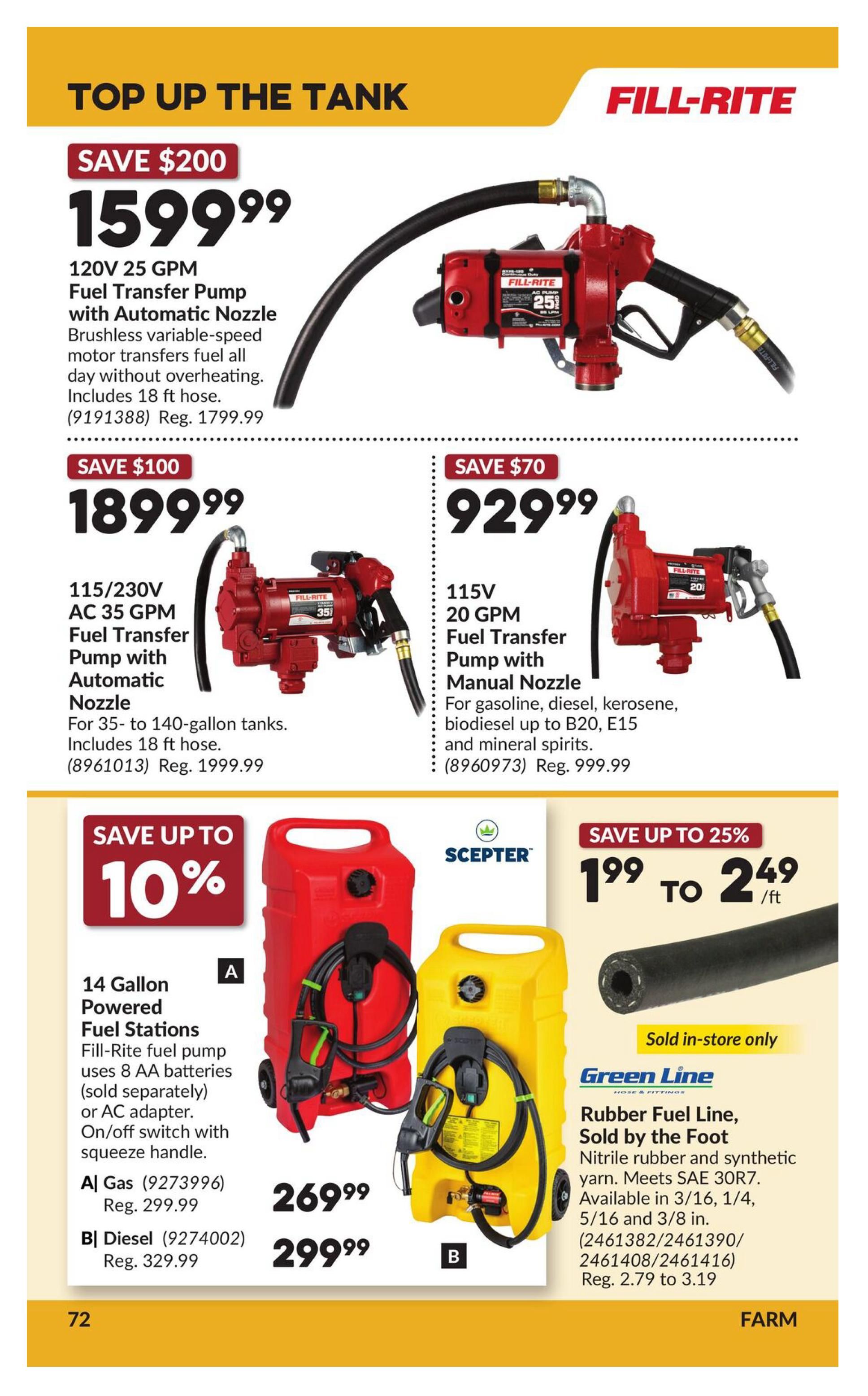 Princess Auto flyer page 78 features top-up-the-tank solutions. Save $200 on a 120V 25 GPM Fill-Rite Fuel Transfer Pump with Automatic Nozzle for $1599.99 (Reg. $1799.99). This pump has a brushless variable-speed motor and includes an 18 ft hose. Also available is a 115/230V AC 35 GPM Fill-Rite Fuel Transfer Pump with Automatic Nozzle for $1899.99 (Reg. $1999.99), suitable for 35 to 140-gallon tanks and includes an 18 ft hose. Save $70 on a 115V 20 GPM Fill-Rite Fuel Transfer Pump with Manual Nozzle for $929.99 (Reg. $999.99), ideal for gasoline, diesel, biodiesel up to B20, E15, and mineral spirits. The page also showcases Scepter 14 Gallon Powered Fuel Stations: A) Gas model for $269.99 (Reg. $299.99) and B) Diesel model for $299.99 (Reg. $329.99). These stations use 8 AA batteries or an AC adapter and feature an on/off switch with a squeeze handle. Additionally, save up to 25% on Green Line Rubber Fuel Line, sold by the foot, priced from $1.99 to $2.49/ft (Reg. $2.79 to $3.19). This nitrile rubber and synthetic yarn hose meets SAE 30R7 and is available in 3/16, 1/4, 5/16, and 3/8 inch sizes. Sold in-store only.