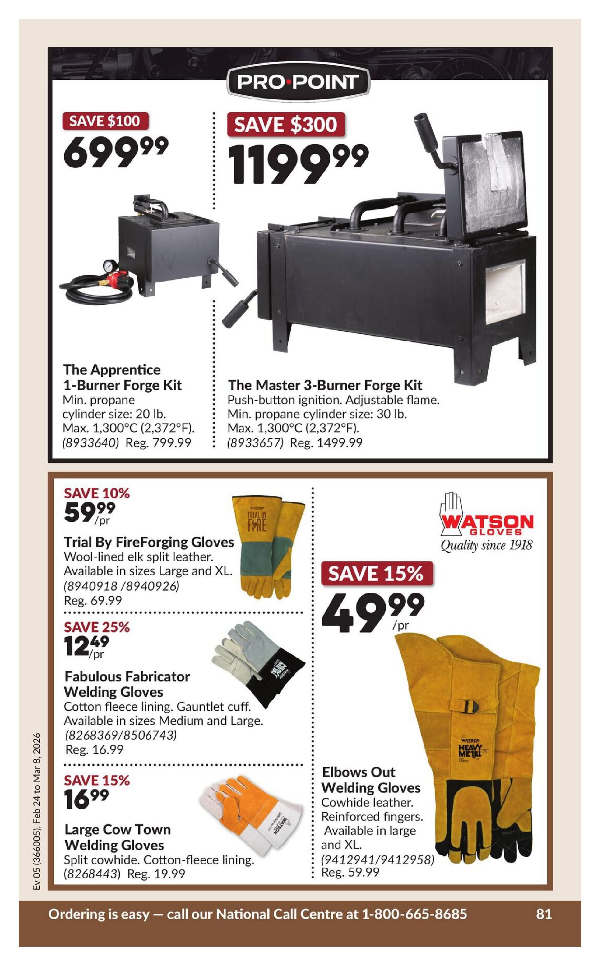 Princess Auto flyer page 87 features Pro Point forge kits and Watson welding gloves. The Apprentice 1-Burner Forge Kit is on sale for $699.99, saving $100 off the regular price of $799.99. It has a min. propane cylinder size of 20 lb and a max temperature of 1,300°C (2,372°F). The Master 3-Burner Forge Kit is on sale for $1199.99, saving $300 off the regular price of $1499.99, featuring push-button ignition and adjustable flame with a 30 lb min. propane cylinder size and a max temperature of 1,300°C (2,372°F). Also featured are Watson welding gloves: Trial By FireForging Gloves are 10% off at $59.99/pr, made of wool-lined elk split leather, available in Large and XL. Fabulous Fabricator Welding Gloves are 25% off at $12.49/pr, with cotton fleece lining and gauntlet cuff, available in Medium and Large. Large Cow Town Welding Gloves are 15% off at $16.99/pr, made of split cowhide with cotton-fleece lining, available in Large. Elbows Out Welding Gloves are on sale for $49.99/pr, made of cowhide leather with reinforced fingers, available in large and XL. The page also includes ordering information and a call centre number.