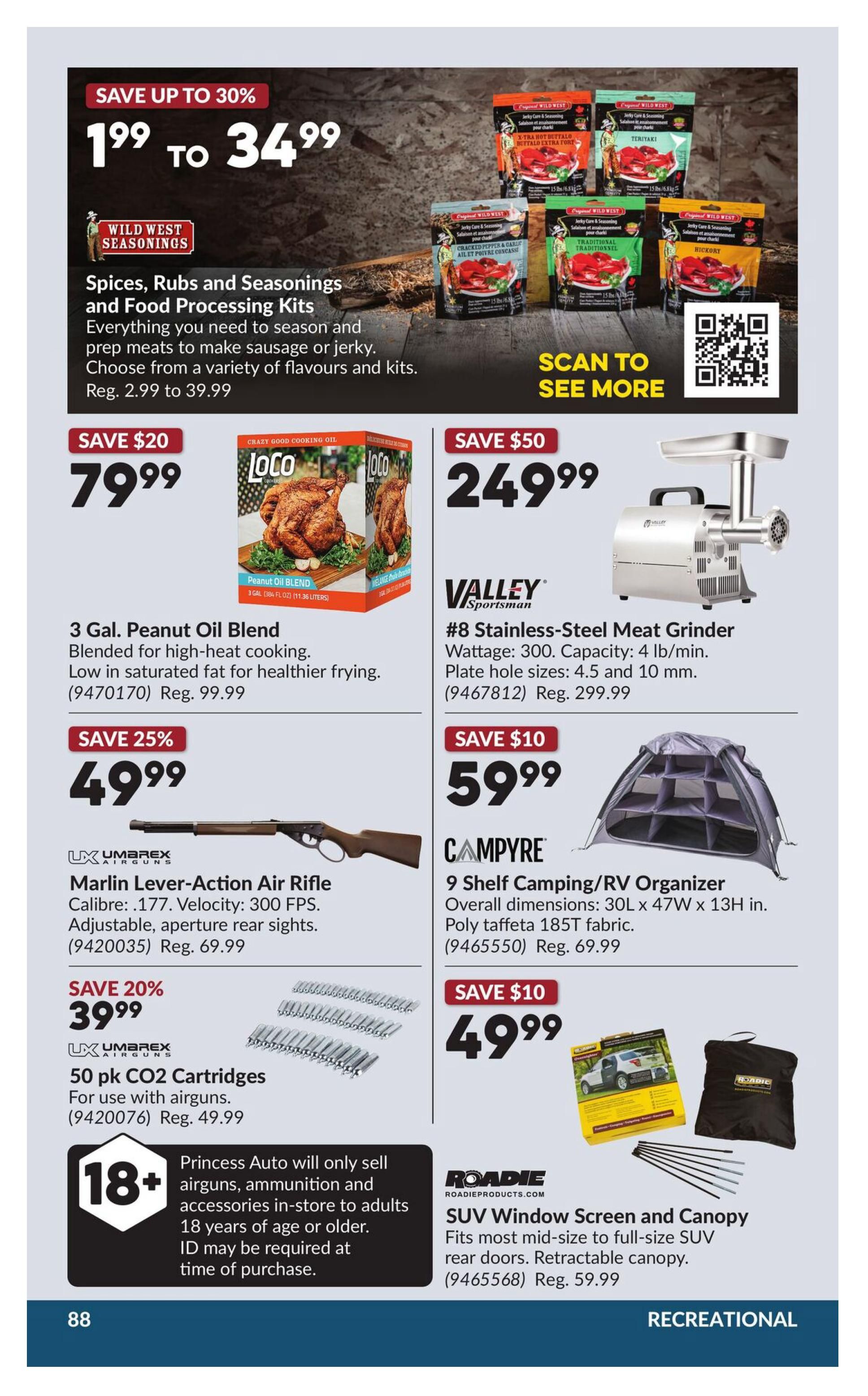 Princess Auto flyer page 94 features Wild West Seasonings, with savings up to 30% on spices, rubs, and food processing kits, priced from $2.99 to $39.99. Also available is a 3 Gal. Peanut Oil Blend for $79.99 (save $20), regularly $99.99. A Valley Sportsman #8 Stainless-Steel Meat Grinder is on sale for $249.99 (save $50), with a 4 lb/min capacity. The Umarex Marlin Lever-Action Air Rifle is 25% off at $49.99, with .177 calibre and 300 FPS velocity (regularly $69.99). 50 pk CO2 Cartridges for airguns are $39.99 (save 20%), regularly $49.99. The Campyre 9 Shelf Camping/RV Organizer is $59.99 (save $10), with dimensions 30L x 47W x 13H in. A Roadie SUV Window Screen and Canopy is $49.99 (save $10), fitting most mid-size to full-size SUVs. An 18+ age restriction applies to airguns, ammunition, and accessories sold in-store.