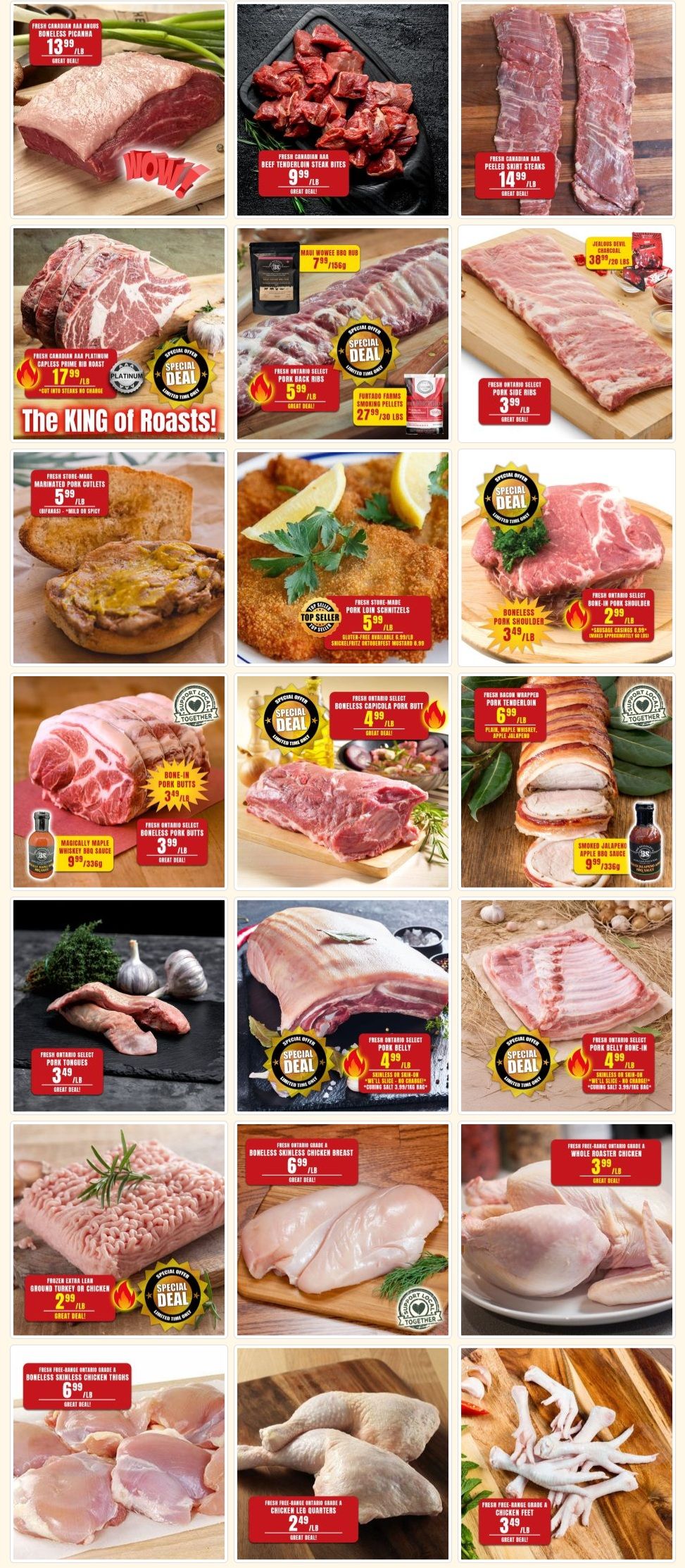 Robert's Quality Fresh Meats weekly flyer specials page 2. Featured items include Fresh Canadian AAA Boneless Picanha for $13.99/lb, Fresh Canadian AAA Beef Tenderloin Steak Bites for $9.99/lb, and Fresh Canadian AAA Peeled Skirt Steaks for $14.99/lb. Also available are Fresh Ontario Select Pork Back Ribs for $5.99/lb, Fortado Farms Smoking Pellets for $27.99/30 lbs, and Fresh Ontario Select Pork Side Ribs for $3.99/lb. The page highlights 'The KING of Roasts!' with Fresh Canadian AAA Platinum Capless Prime Rib Roast at $17.99/lb. Other pork products include Fresh Store-Made Marinated Pork Cutlets for $5.99/lb, Fresh Store-Made Pork Loin Schnitzels for $5.99/lb, Bone-In Pork Butts for $3.49/lb, Fresh Ontario Select Boneless Pork Butts for $3.99/lb, Fresh Ontario Select Boneless Capicola Pork Butt for $4.99/lb, and Fresh Ontario Select Bone-In Pork Shoulder for $2.99/lb. Smoked Jalapeno Apple BBQ Sauce is $9.99/336g. Chicken options include Fresh Ontario Grade A Boneless Skinless Chicken Breast for $6.99/lb, Fresh Free-Range Ontario Grade A Whole Roaster Chicken for $3.99/lb, Fresh Free-Range Ontario Grade A Chicken Leg Quarters for $2.49/lb, and Fresh Free-Range Grade A Chicken Feet for $3.49/lb. Additionally, Frozen Extra Lean Ground Turkey or Chicken is on special for $2.99/lb.