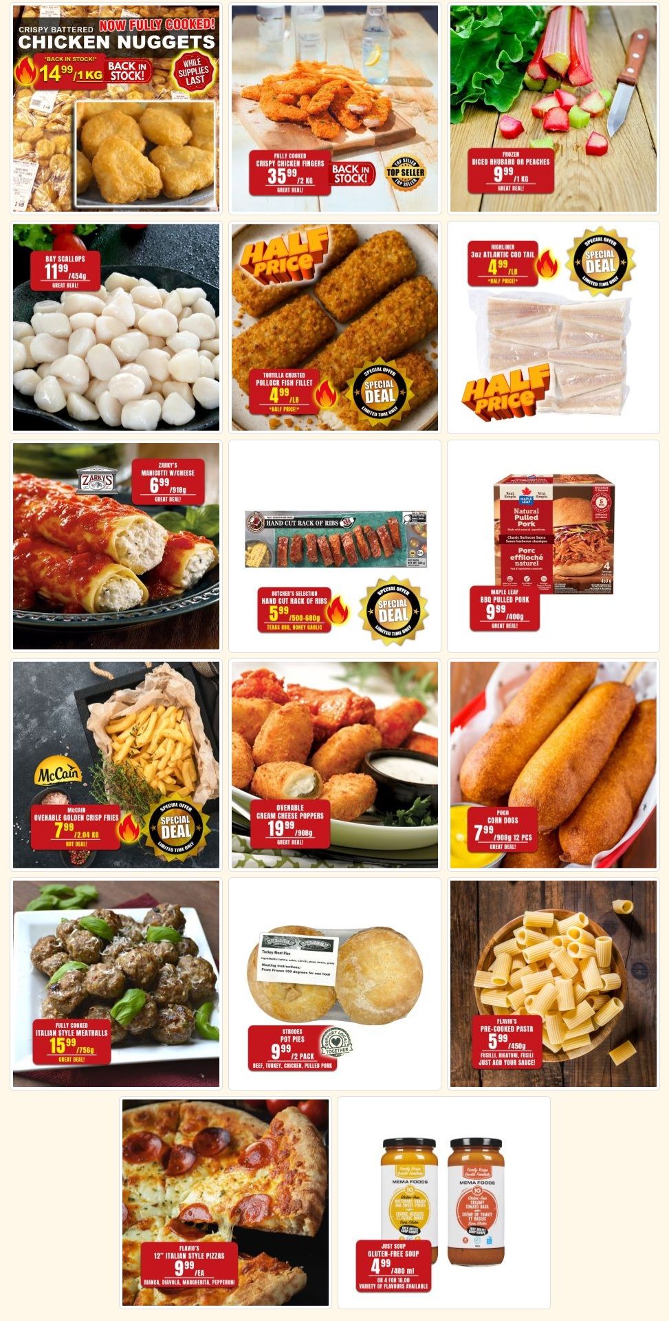 Robert's Quality Fresh Meats weekly flyer specials page 4. Featured items include fully cooked chicken nuggets for $14.99/1kg, fully cooked crispy chicken fingers for $35.99/2kg, frozen diced rhubarb or peaches for $9.99/1kg, bay scallops for $11.99/454g, tortilla crusted pollack fish fillet at half price for $4.99/lb, highliner 30oz Atlantic cod tail at half price for $4.99/lb, Zarky's manicotti with cheese for $6.99/918g, Butcher's Selection hand cut rack of ribs (Texas BBQ, Honey Garlic) for $5.99/500-680g, Maple Leaf BBQ pulled pork for $9.99/400g, McCain ovenable golden crisp fries for $7.99/2.04kg, ovenable cream cheese poppers for $19.99/908g, PBO corn dogs for $7.99/12 pcs, fully cooked Italian style meatballs for $15.99/756g, Strodes pot pies (beef, turkey, chicken, pulled pork) for $9.99/2 pack, Flavia's pre-cooked pasta (fusilli, rigatoni, fusilli) for $5.99/450g, Flavia's 12' Italian style pizzas (Bianca, Diavola, Margherita, Pepperoni) for $9.99/ea, and Mema Foods Just Soup gluten-free soup for $4.99/480ml or 2 for $10.00.