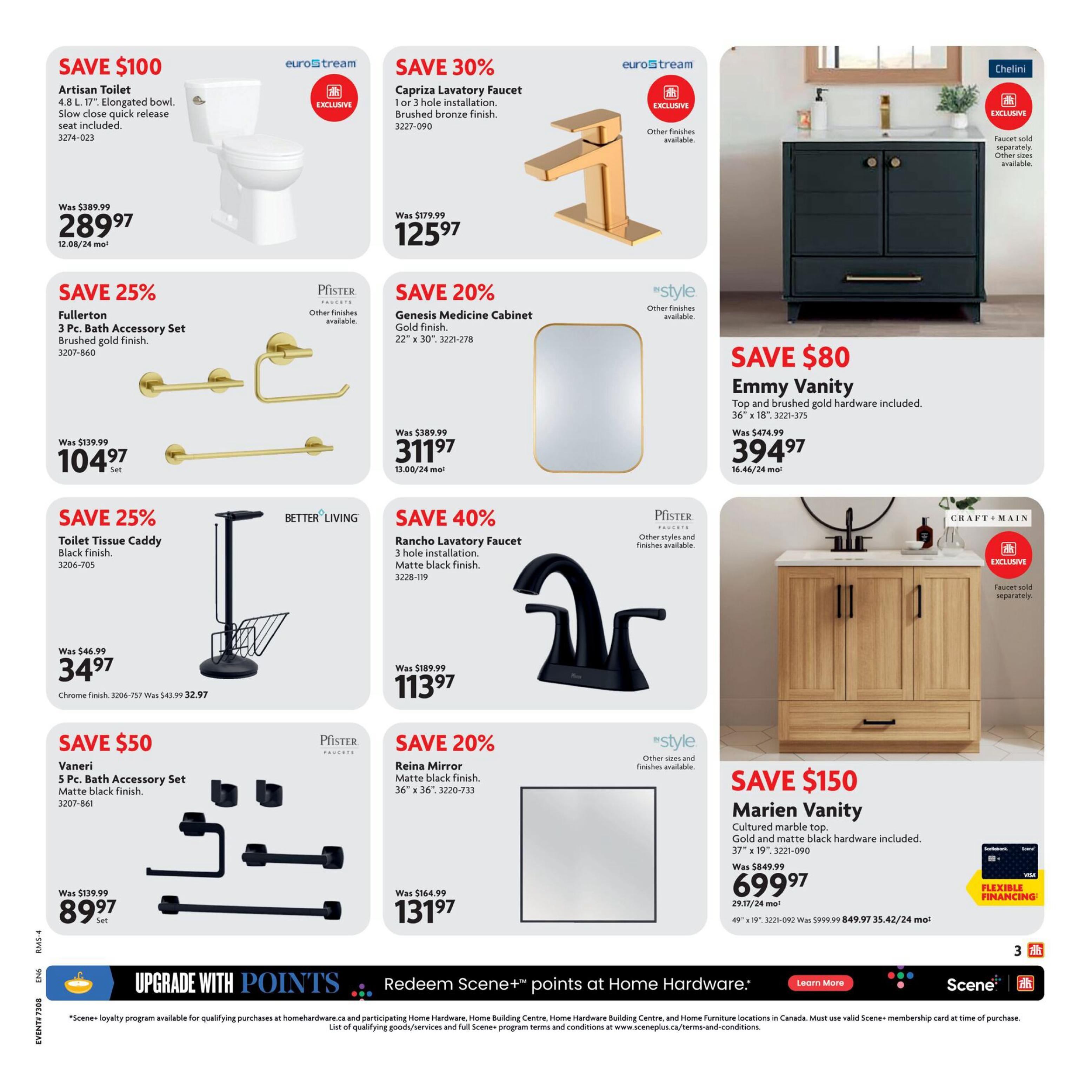 Home Hardware Ontario Ultimate Bath Sale page 3 features a variety of bathroom fixtures and accessories. Save $100 on the Artisan Toilet, now $289.97, featuring an elongated bowl and slow-close seat. Save 30% on the Capriza Lavatory Faucet in brushed bronze, priced at $125.97. The Fullerton 3 Pc. Bath Accessory Set in brushed gold is on sale for $104.97 (save 25%). Save 25% on the Toilet Tissue Caddy in black finish for $34.97, with a chrome finish option also available. Save 40% on the Rancho Lavatory Faucet in matte black, now $113.97. Save $50 on the Vaneri 5 Pc. Bath Accessory Set in matte black, priced at $89.97. The Genesis Medicine Cabinet in gold finish (22' x 30') is 20% off, selling for $311.97. Save $80 on the Emmy Vanity with top and brushed gold hardware (36' x 18'), now $394.97. The Marien Vanity with cultured marble top and matte black hardware (37' x 19') is on sale for $699.97, saving $150. Flexible financing options are available. The bottom of the page promotes upgrading with Scene+ points at Home Hardware.