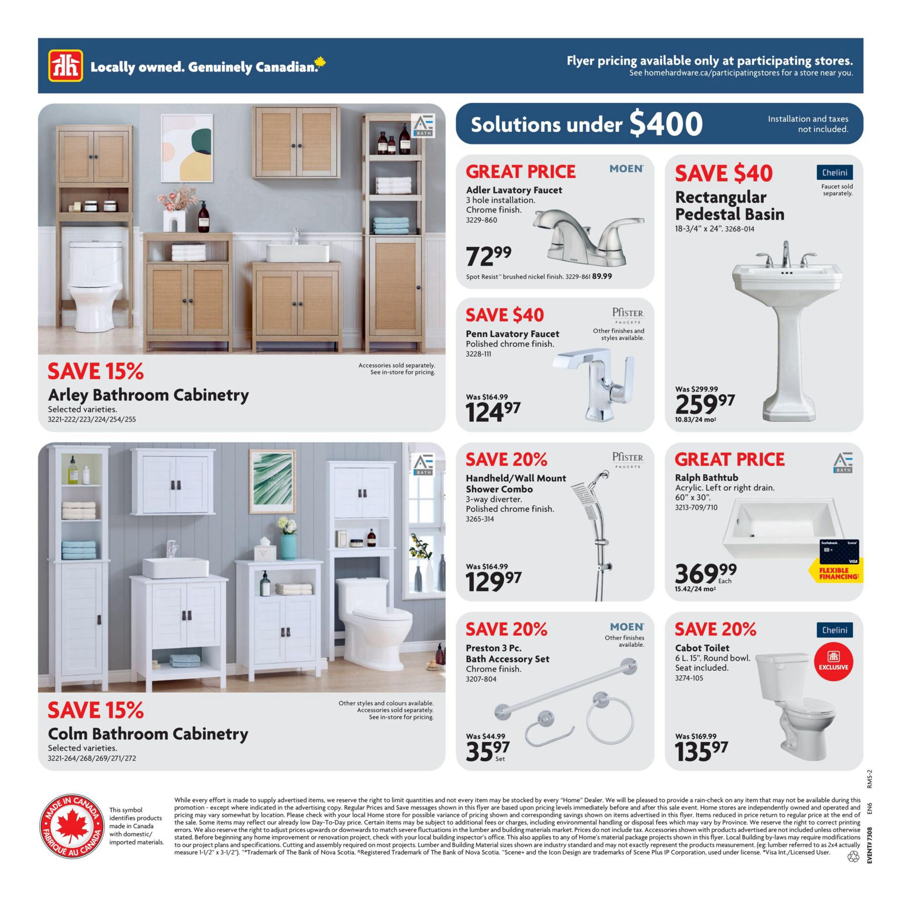 Home Hardware Ontario Ultimate Bath Sale flyer, page 8. Features Arley Bathroom Cabinetry with a 15% discount, and Colm Bathroom Cabinetry. Plumbing solutions include the Adler Lavatory Faucet for a great price of $72.99, Penn Lavatory Faucet on sale for $124.97 (save $40), Handheld/Wall Mount Shower Combo on sale for $129.97 (save 20%), and the Preston 3 Pc. Bath Accessory Set for $35.97 (save 20%). Also featured is the Rectangular Pedestal Basin for $259.97 (save $40), the Ralph Bathtub for $369.99, and the Cabot Toilet for $135.97 (save 20%). Accessories sold separately. Installation and taxes not included. Flexible financing options available with Visa. Products made in Canada are identified with a special symbol.