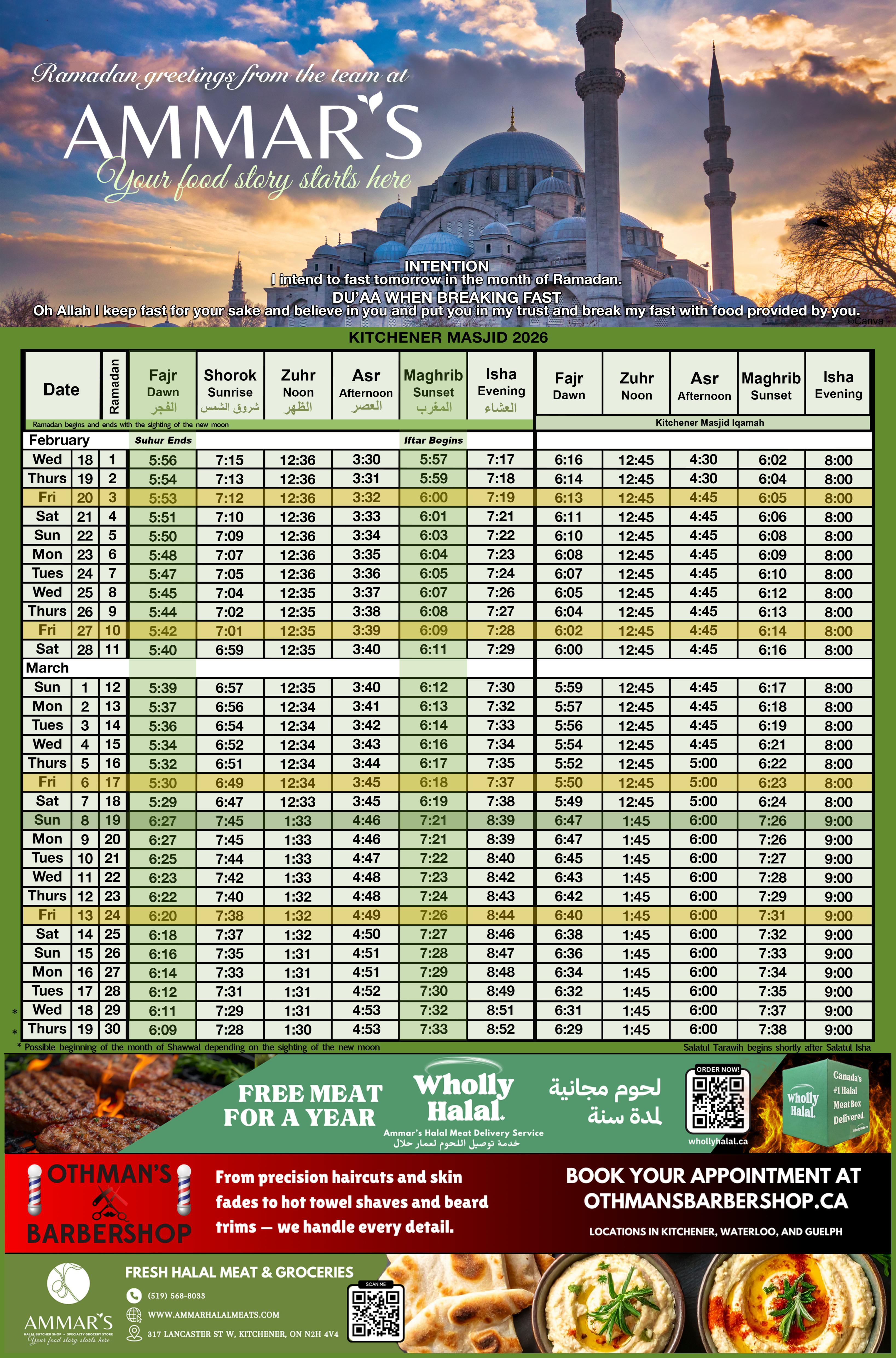 Ammar's flyer page 8 features a prayer schedule for Kitchener Masjid in 2026, covering February and March, with times for Fajr, Shorok, Zuhr, Asr, Maghrib, and Isha prayers. Below the schedule, there is an advertisement for Othman's Barbershop offering haircuts and shaves, with the website OTHMANSBARBERSHOP.CA and locations in Kitchener, Waterloo, and Guelph. Additionally, Ammar's advertises 'FREE MEAT FOR A YEAR' from Wholly Halal, their halal meat delivery service, with an order now QR code for whollyhalal.ca. The bottom section highlights Ammar's Fresh Halal Meat & Groceries, providing a phone number (519) 568-8033, website www.AMMARHALALMEATS.COM, and address 317 LANCASTER ST W, KITCHENER, ON N2H 4V4.