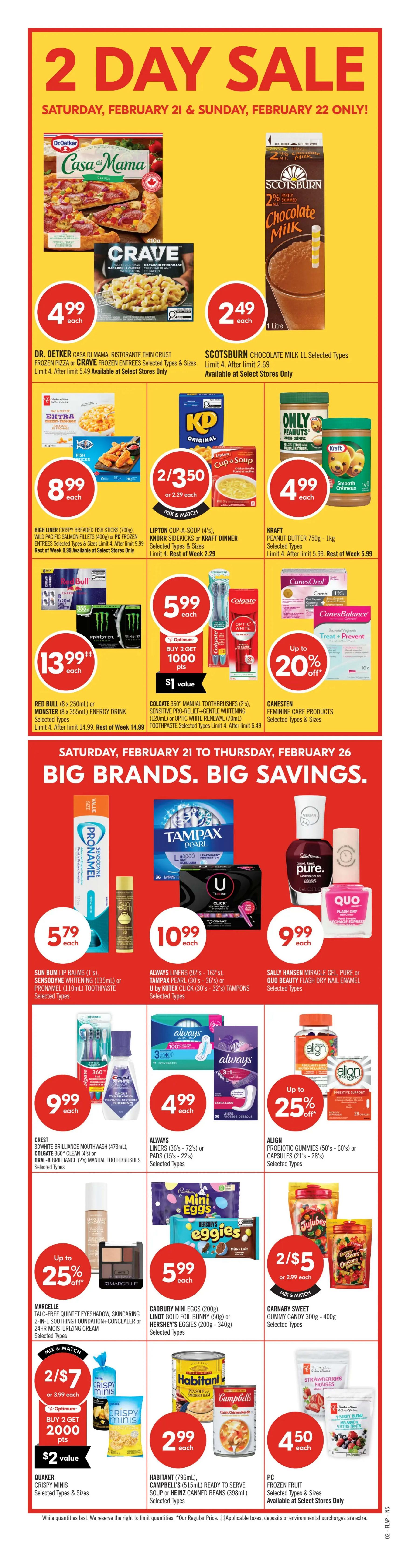 Shoppers Drug Mart Atlantic flyer, page 3, featuring self-care essentials from February 21 to February 26. Offers include Batiste Dry Shampoo, Aveeno Blend, or John Frieda Hair Care Products for $8.99 each. Aveeno Lotions (354mL), Aveeno Calm+Restore (25's), or Neutrogena Make-Up Removing Wipes (20'-25's) for $9.99 each. Save up to 20% off EOS 24H Moisture Body Lotion (473mL) or Good Molecules Facial Skin Care Products. Olay Body Wash (364mL), Gillette (108g), or Old Spice High Endurance Deodorant (107g) for $5.99 each. Save up to 15% off Philips Shave, Grooming Appliances, or Every Man Jack Beard Care Products. Gillette Skinguard Razor System, Daisy (18's) or Sensor 2 (15's) Disposable Razors for $16.99 each. Vaseline Lip Therapy Lip Balm (7g) or Oral-B Brilliance Manual Toothbrush (1's) for $5.99 each. Crest 3D White Advanced Toothpaste (135mL) is also available. Colgate MaxFresh (150mL), Total (120mL), or Total Advanced (70mL) Toothpaste for $2.99 each. While quantities last.