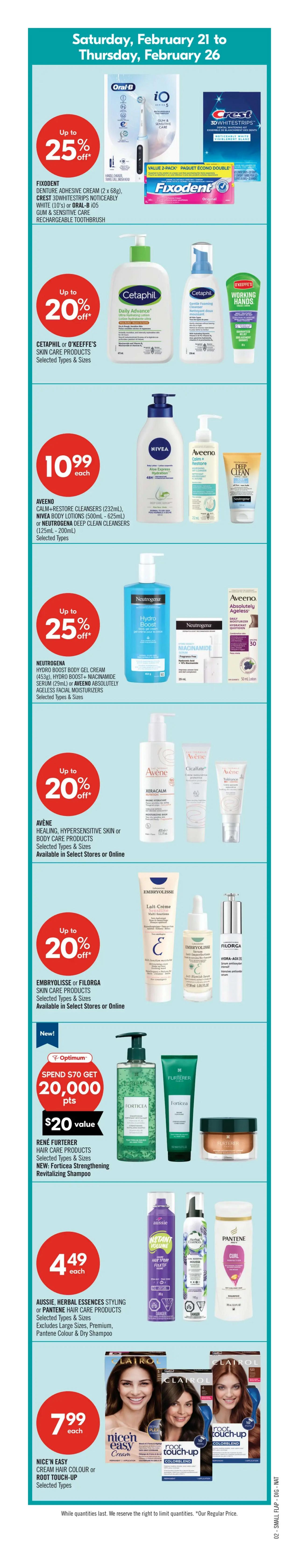 Shoppers Drug Mart Atlantic flyer page 5 featuring Red Hot Deals from Saturday, February 21 to Thursday, February 26, 2026. Featured products include Depend or Poise Incontinence Products for $17.99 each, Life Brand Vitamin or Natural Health Products up to 40% off, Crest Pro-Health Mouthwash (1L) or 3DWhite Toothpaste (75ml) or Oral-B Battery Toothbrush for $6.99 each, Coca-Cola or Pepsi Beverages (2L) for $2.19 each, Vichy Skin Care Products up to 20% off, L'Oréal Excellence Hair Colour or Magic Root Rescue for $12.99 each, Nivea Men Shower Gel (500ml), Degree or Lady Speed Stick Antiperspirant/Deodorant for $4.49 each, and Nescafé Instant Coffee (100g - 170g) for $6.49 each. Also available are Tylenol Complete Capsules (20's - 24's), Benylin All-in-One or Tylenol Complete Cough Syrup (170ml - 180ml) for $14.99 each, Advil Ibuprofen Pain Relief Products (72's - 250's) for $25.99 each, Marc Anthony Hair Care Products for $8.99 each, Strevectin Skin Care Products with a Buy 2 Get 15,000 Optimum Points offer, PC Ground Coffee (800g - 930g) for $19.99 each, and PC The Decadent Cookie (280g - 300g) for $3.99 each. Additional deals include Motrin Ibuprofen (45's - 90's) or Tylenol Acetaminophen (50's - 100's) for $13.99 each, Gravol Dual Relief (24's), Beano Tablets (60's) or Gaviscon Heartburn Relief Products up to 20% off, Olay Hand & Body Lotions (502ml), Regenerist or Complete Facial Moisturizers up to 25% off, Band-Aid Bandages or Polysporin Ointment up to 20% off, Huggies Super Boxed Diapers for $26.99 each, Nivea Roll-On (50ml), Axe or Dove Stick Antiperspirant/Deodorant for $4.99 each, Dove Foaming Body Wash (400ml), Olay Bar Soap (8 x 90g) or Dove Bar Soap (6 x 106g) for $9.99 each, Popcorns (142g), Smartfood Ready to Eat Popcorn or Miss Vickie's Kettle Chips for 2 for $9 or $5.29 each, PC Granola, Post Shreddies or Honey Bunches of Oats Cereal for $3.99 each, Axe Shower Gels for $7.99 each, Glad Cling Wrap (30m), No Name Paper Towels (2 Roll) or Aluminum Foil (25') for 2 for $3 or $1.79 each, PC Ultra (638ml) or Palmolive Dish Soap (591ml - 828ml) for 2 for $5 or $2.99 each, Always Radiant or Infinity Pads for $9.99 each, Colgate Extra Clean Manual Toothbrushes (4's), Optic White Purple (90ml) or Total Advanced Toothpaste (120ml) for $4.49 each, Schick Intuition Razor Systems, Nivea Men Shave or Skin Care Products up to 20% off, Gillette Fusions 3-in-1 Styler or Venus Razor Systems for $33.99 each, Royale Original 2-Ply (126's) or Velour 3-Ply (82's) Facial Tissues for $1.29 each, and Iams, Caesar, Pedigree Pet Food or Treats up to 20% off. Passport photo services are also advertised.