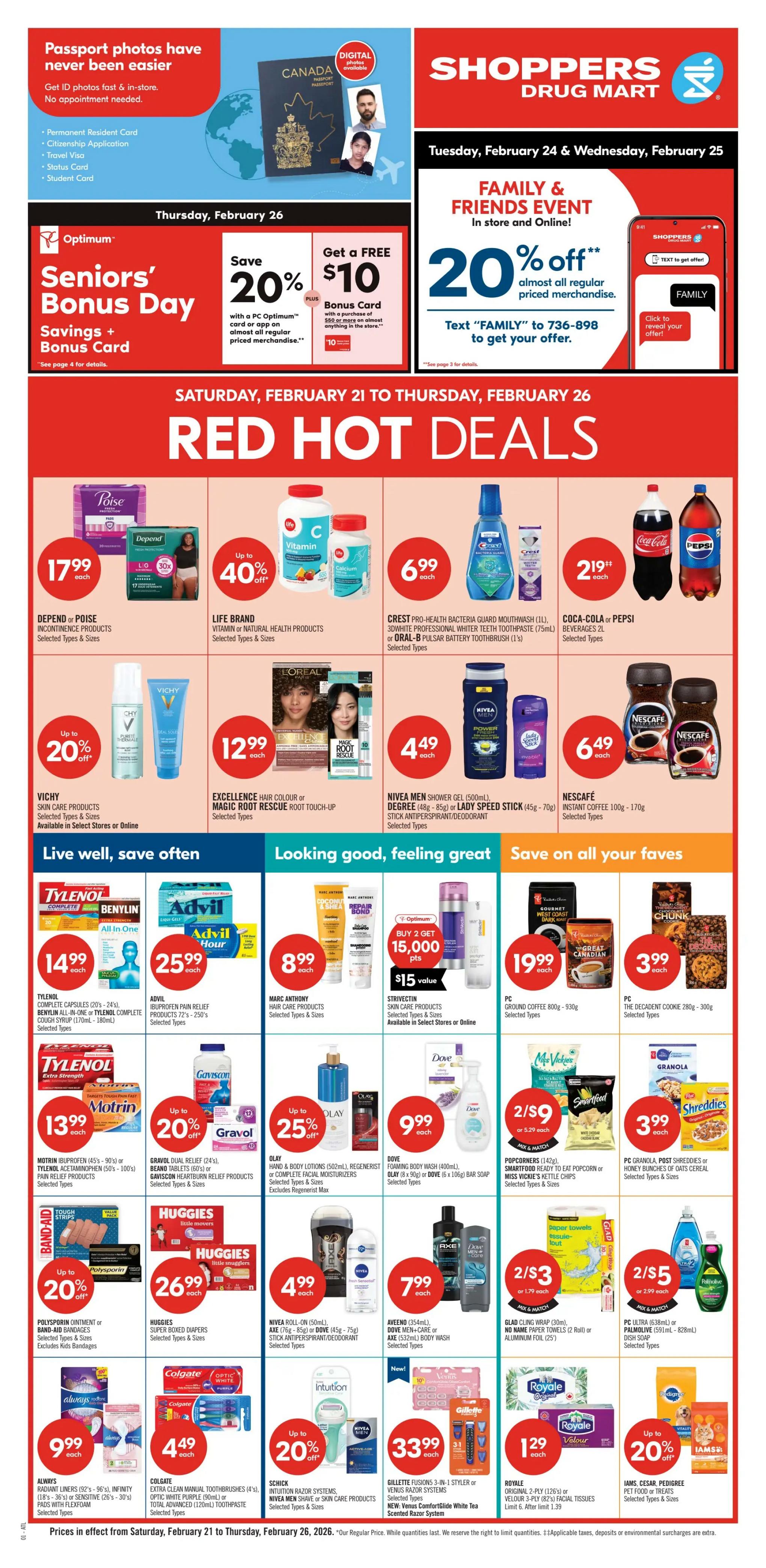 Shoppers Drug Mart Atlantic flyer, valid Friday, February 20 to Sunday, February 22. Features a 2-Day Sale on Saturday, February 21 and Sunday, February 22 only. Offers include Grade 'A' Large White Eggs for $3.99 each (limit 2), No Name Butter (454g) for $5.49 each (limit 4), Coca-Cola or Pepsi beverages (6 x 710mL) for $4.39 each (limit 4), and Christie Cookies or Crackers for 2 for $4 or $2.49 each (limit 4). Also available are Lay's Family Size Potato Chips (220g-235g) for 2 for $6.50 or $3.79 each (limit 4), PC Bacon (500g) for $5.99 (limit 4), Wonder White or Whole Wheat Bread for $2.49 each (limit 4), and Royale Bathroom Tissue (8 or 12 roll) for $5.99 each (limit 4). Other deals include PC Thick & Crispy Breaded Chicken Burgers (7's) or Nuggets (700g) for $5.99 (limit 4), and No Name 2-Ply or PC 3-Ply Facial Tissues (6's) for $4.99 each (limit 4). Skincare and oral care promotions include Garnier Micellar Water (400mL), L'Oréal Bright Reveal Dark Spot Serum (30mL), or ROC Facial Moisturizers with up to 25% off. Crest 3DWhitestrips Professional White+LED Light (19's), Listerine Total Care Mouthwash (1L) or Oral-B iO3 Rechargeable Toothbrush for $12.99 each, with selected types rest of week up to 20% off. Boost High Protein, Plus Calories or Diabetic Nutritional Supplement Shakes (6's) are $10.99 each (limit 6). Also featured is a PC Optimum app offer to get up to $75 in points. See back page for details. While quantities last.