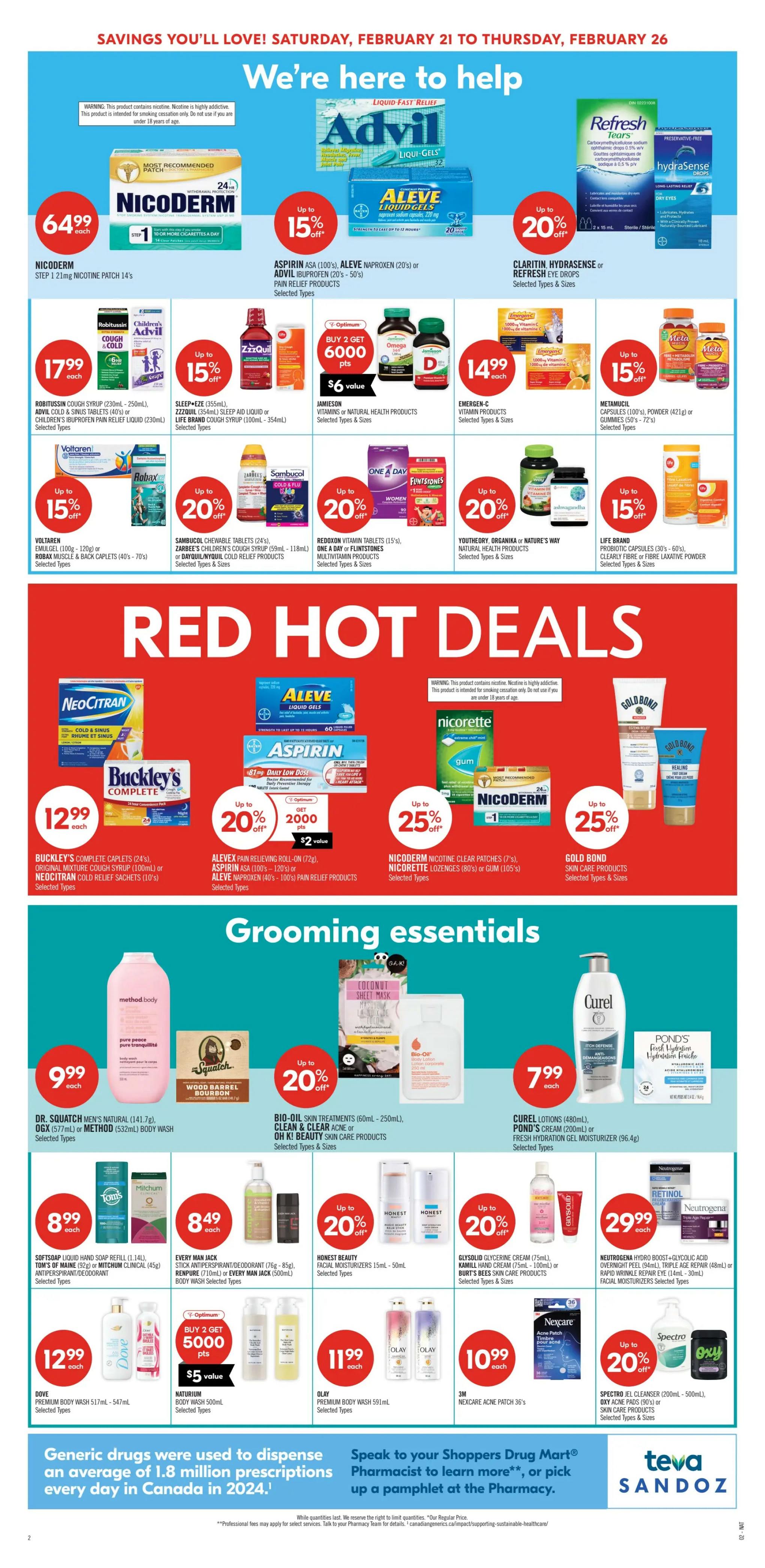Shoppers Drug Mart Atlantic flyer, page 6. Featuring savings on health and beauty products. Top deals include Nicoderm Step 1 Nicotine Patch 14's for $64.99, Aspirin, Aleve, and Advil Ibuprofen pain relief products with up to 20% off. Robitussin Cough Syrup, Advil Cold & Sinus Tablets, and Children's Ibuprofen Pain Relief Liquid are $17.99. Sleep-Eze, ZzzQuil Sleep Aid Liquid, and Life Brand Cough Syrup are up to 15% off. Jamieson Vitamins and Natural Health Products are $14.99. Emergen-C Vitamin Products are $14.99. Metamucil Capsules or Powder are up to 15% off. Volatren Emulgel or Robax Muscle & Back Caplets are up to 15% off. Sambucol Chewable Tablets, Zarbee's Children's Cough Syrup, or Dayquil/Nyquil Cold Relief Products are up to 20% off. Red Oxton Vitamin Tablets or Flintstones Multivitamin Products are also available. Red Hot Deals section includes Nicocitran Cold & Sinus, Buckley's Complete Caplets, Original Mixture Cough Syrup, or Nicocitran Cold Relief Sachets for $12.99. Aleve Pain Relieving Roll-On, Aspirin, or Aleve Naproxen are up to 20% off with 2000 Optimum points ($5 value). Nicoderm Nicotine Clear Patches, Nicorette Lozenges, or Gum are up to 25% off. Gold Bond Skin Care Products are up to 25% off. Grooming Essentials include Dr. Squatch Men's Natural Body Wash, OGX, or Method Body Wash for $9.99. Bio-Oil Skin Treatments, Clean & Clear Acne or Oh K! Beauty Skin Care Products are up to 20% off. Softsoap Liquid Hand Soap, Tom's of Maine, or Mitchum Clinical Antiperspirant/Deodorant are $8.99. Every Man Jack Stick Antiperspirant/Deodorant, Renpure, or Every Man Jack Body Wash are $8.49. Honest Beauty Facial Moisturizers are up to 20% off. Curel Lotions or Pond's Cream or Fresh Hydration Gel Moisturizer are $7.99. Glysolid Glycerine Cream, Kamill Hand Cream, or Burt's Bees Skin Care Products are up to 20% off. Neutrogena Hydro Boost + Glycolic Acid Overnight Peel, Triple Age Repair or Rapid Wrinkle Repair Eye are $29.99. Dove Premium Body Wash is $12.99. Naturium Body Wash is available with 5000 Optimum points ($5 value). Olay Premium Body Wash is $11.99. 3M Nexcare Acne Patch is $10.99. Spectro Jel Cleanser, Oxy Acne Pads, or Skin Care Products are up to 20% off. The flyer also highlights that generic drugs were used to dispense an average of 1.8 million prescriptions every day in Canada in 2024.