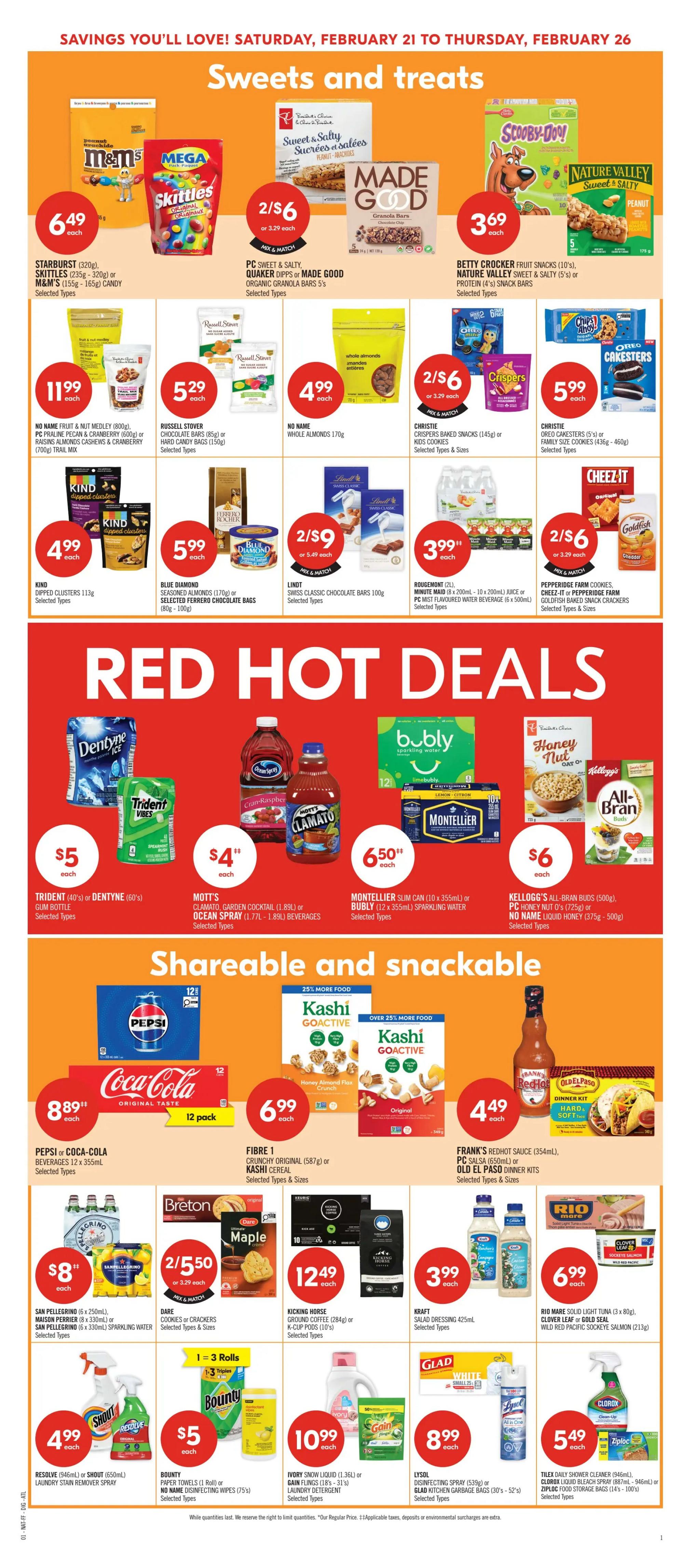 Shoppers Drug Mart Atlantic flyer page 9 features 'Sweets and treats', 'Red Hot Deals', and 'Shareable and snackable' sections. In 'Sweets and treats', find Starburst, Skittles, M&M's candy for $6.49, Quaker Dipps or Made Good Organic Granola Bars 5's, Betty Crocker Fruit Snacks, and Nature Valley Sweet & Salty bars. Also available are No Name Fruit & Nut Medley, PC Praline Pecan & Cranberry, or Raisins Almonds Cashews & Cranberry trail mix for $11.99. Russell Stover Chocolate Bars or Hard Candy Bags are $5.29. No Name Whole Almonds are $4.99. Kind Dipped Clusters are $4.99. Blue Diamond Seasoned Almonds or Selected Ferrero Rocher Chocolate Bags are $5.99. Lindt Swiss Classic Chocolate Bars are 2 for $9 or $5.49 each. Christie Crispers Baked Snacks or Kids Cookies are 2 for $6 or $3.29 each. Christie Oreo Cakesters or Family Size Cookies are $5.99. In 'Red Hot Deals', Trident or Dentyne Gum Bottles are $5. Red Hot Deals include Mott's Clamato Garden Cocktail or Ocean Spray beverages for $4. Montellier Slim Can or Bubly Sparkling Water are $6.50. Kellogg's All-Bran Buds, PC Honey Nut O's, or No Name Liquid Honey are $6. In the 'Shareable and snackable' section, Pepsi or Coca-Cola Beverages 12 x 355mL are $8.89. Fibre 1 Crunchy Original or Kashi Cereal are $6.99. Frank's Redhot Sauce, PC Salsa, or Old El Paso Dinner Kits are $4.49. San Pellegrino Sparkling Water or Limonata are $8. Dare Cookies or Crackers are 2 for $5.50 or $3.29 each. Kicking Horse Ground Coffee or K-Cup Pods are $12.49. Resolve or Shout Laundry Stain Remover Spray is $4.99. Bounty Paper Towels (1 Roll) or No Name Disinfecting Wipes are $5. Ivory Snow Liquid Gain Flings Laundry Detergent is $10.99. Lysol Disinfecting Spray or Glad Kitchen Garbage Bags are $8.99. Tilex Daily Shower Cleaner, Clorox Liquid Bleach Spray, or Ziploc Food Storage Bags are $5.49.