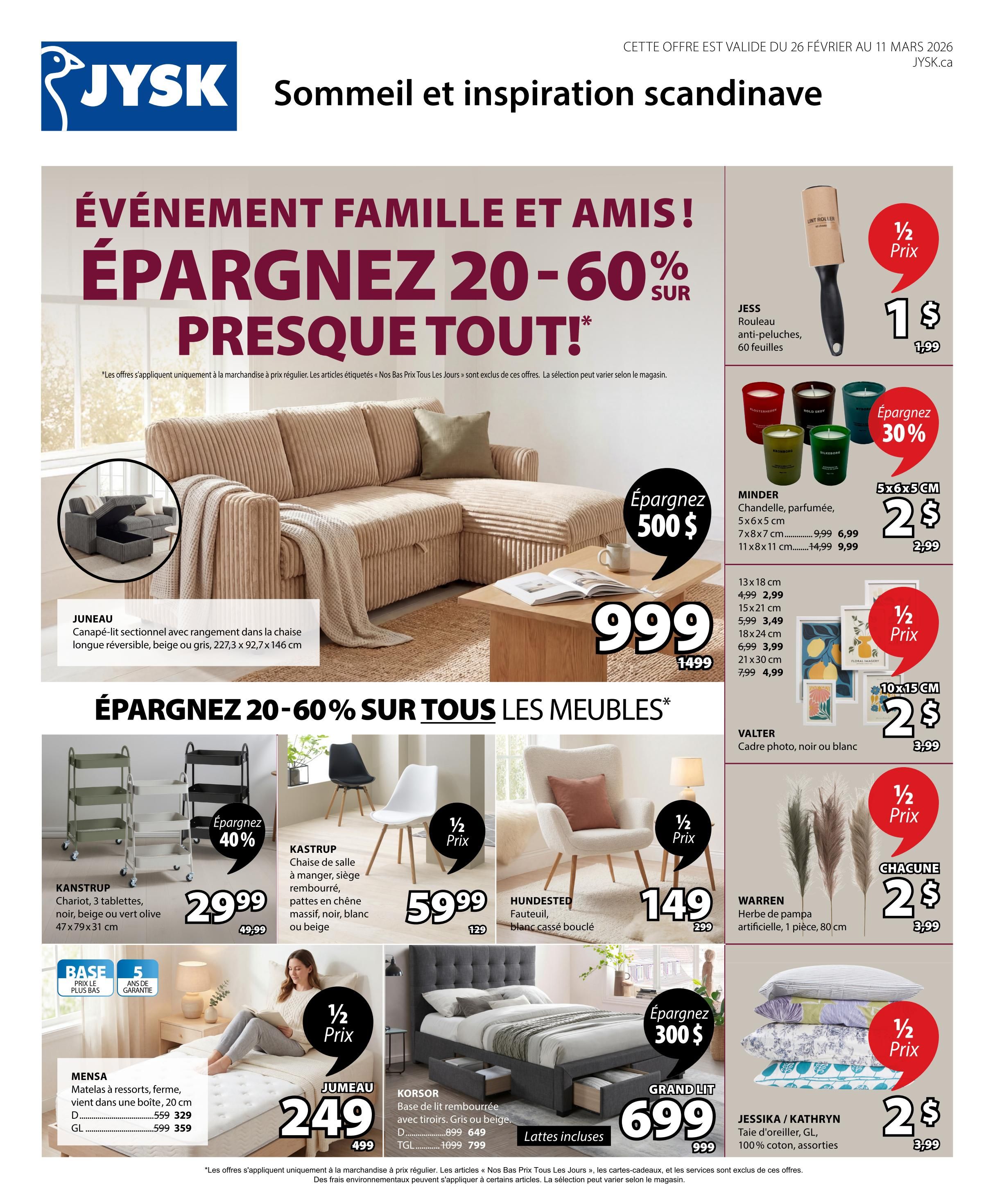 Jysk flyer page featuring a 'Save 20-60% on Everything!' sale. Highlights include the JUNEAU reversible sectional sofa bed with storage in beige or grey for $500, originally $999. Also featured are KANSTRUP 3-tier carts in black, white, or olive green for $29.99 (40% off), KASTUP chairs in black, white, or beige for $59.99 (half price), and the HUNDESTED boucle armchair in off-white for $149. The MENSA firm mattress in a box is $249 (best price, 5-year warranty), and the KORSOR upholstered bed frame with drawers in grey or beige is $699 (includes slats). Other deals include JESS lint roller for $1 (originally $1.99), MINder scented candles for $2 (30% off), VALTER photo frames for $2 (half price), and WARREN artificial pampas grass for $2 each (half price). JESSICA/KATHRYN pillowcases in 100% cotton are $2 (half price).