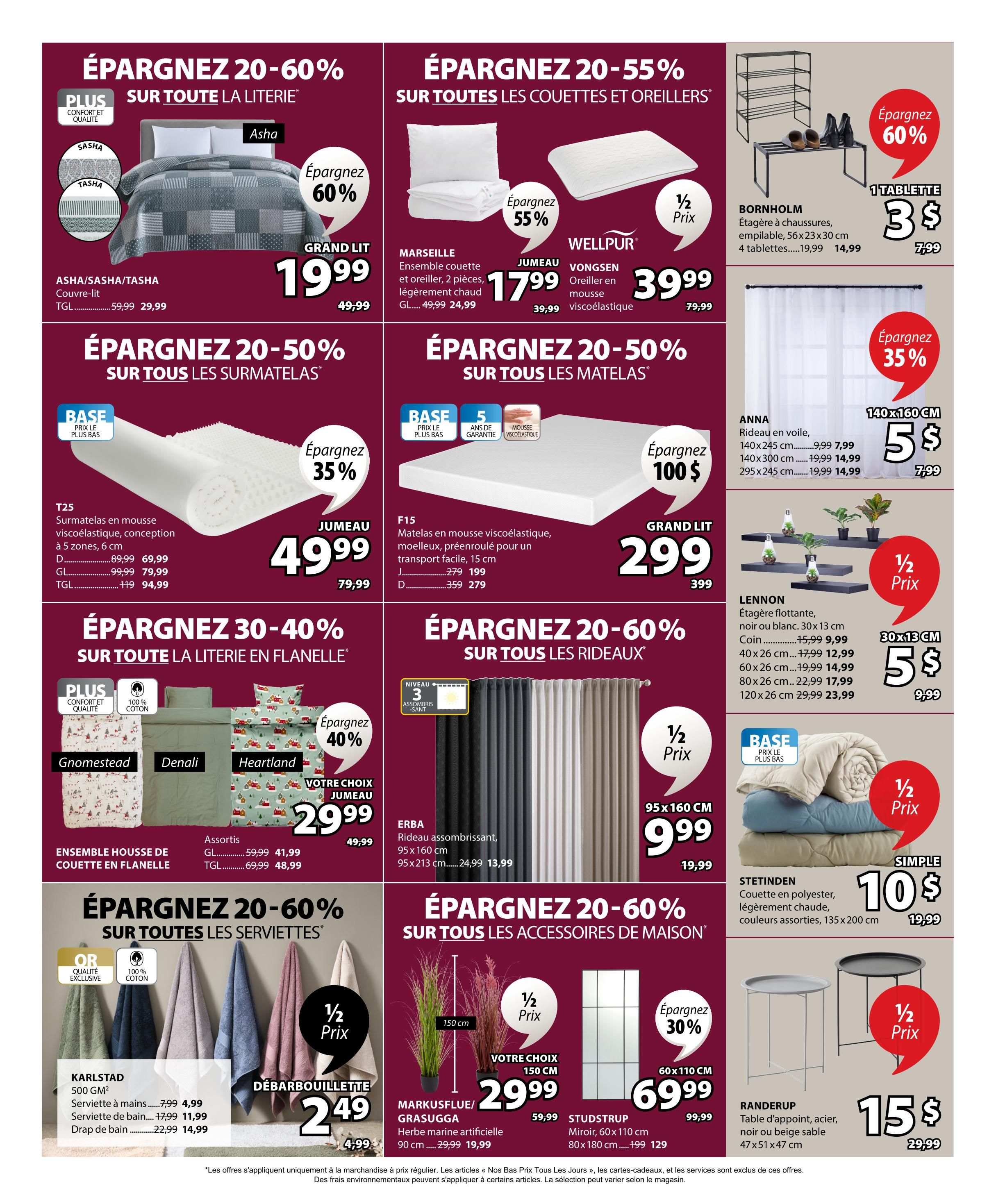 Jysk flyer page 2 features savings of 20-60% on various home goods. Top section highlights bedding with savings up to 60% on the Asha Grand Lit duvet cover set for $19.99. Also featured are Marseille duvet sets at $17.99 and Wellpur Vongsen pillows for $39.99. The Bornholm shoe rack is on sale for $3, down from $7.99. The middle section focuses on mattress toppers and mattresses, with the T25 mattress topper starting at $49.99 and the F15 viscoelastic mattress at $299. Anna voiles are 35% off, with sizes starting at $5.99. The Erba blackout curtains are 40% off, priced at $13.99 for 95x160 cm. The bottom section showcases flannel duvet cover sets, including Gnome Stead, Denali, and Heartland, with assorted sizes starting at $29.99. Karlstad 500 GSM towels are on sale, with hand towels for $4.99, bath towels for $11.99, and bath sheets for $14.99. Markusflue/Grasugga artificial grass is $29.99. The Studstrup mirror (80x180 cm) is $69.99. The Stetinden polyester comforter is $10. The Randerup side table is half price at $15.
