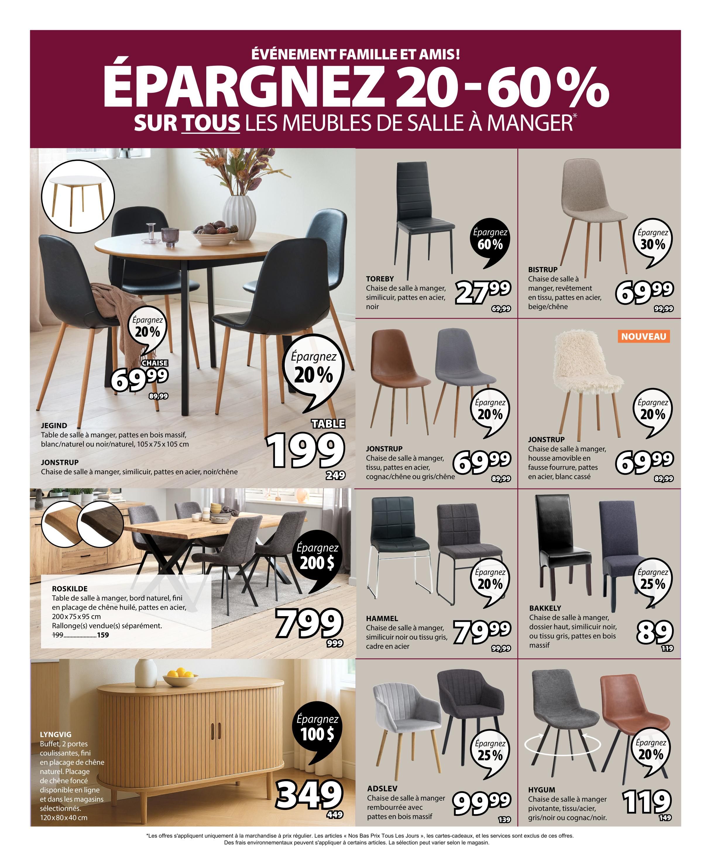 Jysk flyer page 5 features a 'Family and Friends Event' with savings of 20-60% on dining room furniture. Featured items include the JEGIND dining table for $69.99 (originally $89.99) with 20% off, and the TOREBY dining chair in black faux leather with steel legs for $27.99 (originally $69.99) with 60% off. The BISTRUP dining chair with fabric upholstery and steel legs in beige/oak is on sale for $69.99 (originally $99.99) with 30% off. The JONSTRUP dining chair with faux leather in cognac/black or grey/oak is $69.99 (originally $89.99) with 20% off. A new fluffy cream JONSTRUP chair is also available for $69.99 (originally $89.99) with 20% off. The ROSKILDE dining table with natural edge, oak veneer finish, and steel legs, measuring 200x75x95 cm, is on sale for $159 (originally $199), saving $200. The HAMMEL dining chair in black faux leather or grey fabric with steel frame is $79.99 (originally $99.99). The BAKKELY dining chair with high back in black faux leather or grey fabric with wooden legs is $89 (originally $119) with 25% off. The LYNGVIG 2-door buffet in natural oak veneer finish, measuring 120x80x40 cm, is on sale for $349 (originally $449) with $100 savings. The ADSLEV dining chair with upholstered seat and solid wood legs is 20% off, priced at $99.99 (originally $129). The HYGUM swivel dining chair in grey/black or cognac/black faux leather with steel legs is $119 (originally $149) with 20% off.