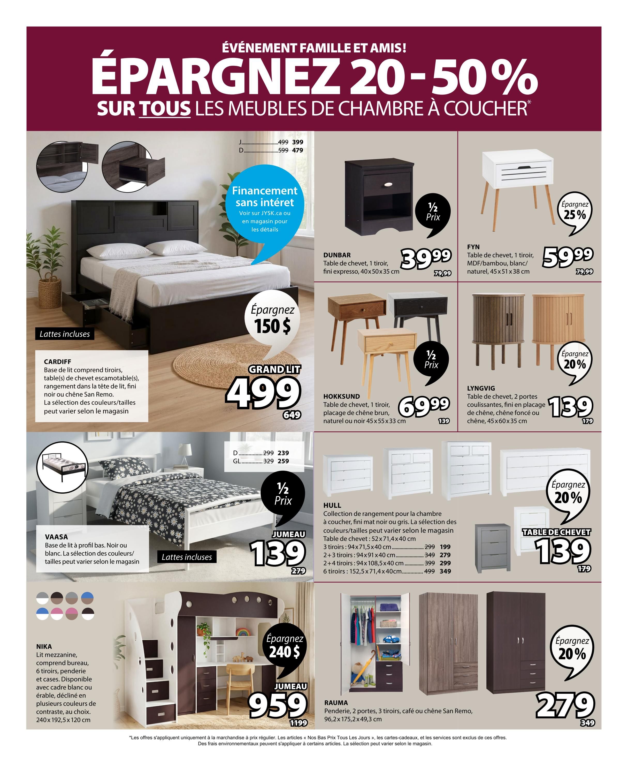 Jysk flyer page 7 features a 'Family and Friends Event' with savings of 20-50% on bedroom furniture. Featured items include the GRAND LIT bed base with drawers for $499 (save $150), the VAASA bed base in black or white for $139 (half price), and the NIKA mezzanine bed with desk and storage for $959 (save $240). Also available are the DUNBAR chest of drawers for $39.99, the FYN nightstand for $59.99 (save 25%), the LYNGVIG 2-door nightstand for $139 (save 20%), the HOKKSUND nightstand for $69.99, and the HULL collection of storage units with various drawer configurations priced from $139 to $349. The RAUMA 2-door, 3-drawer wardrobe is $279 (save 20%). Financing options are available. available, see JYSK.ca or in-store for details.