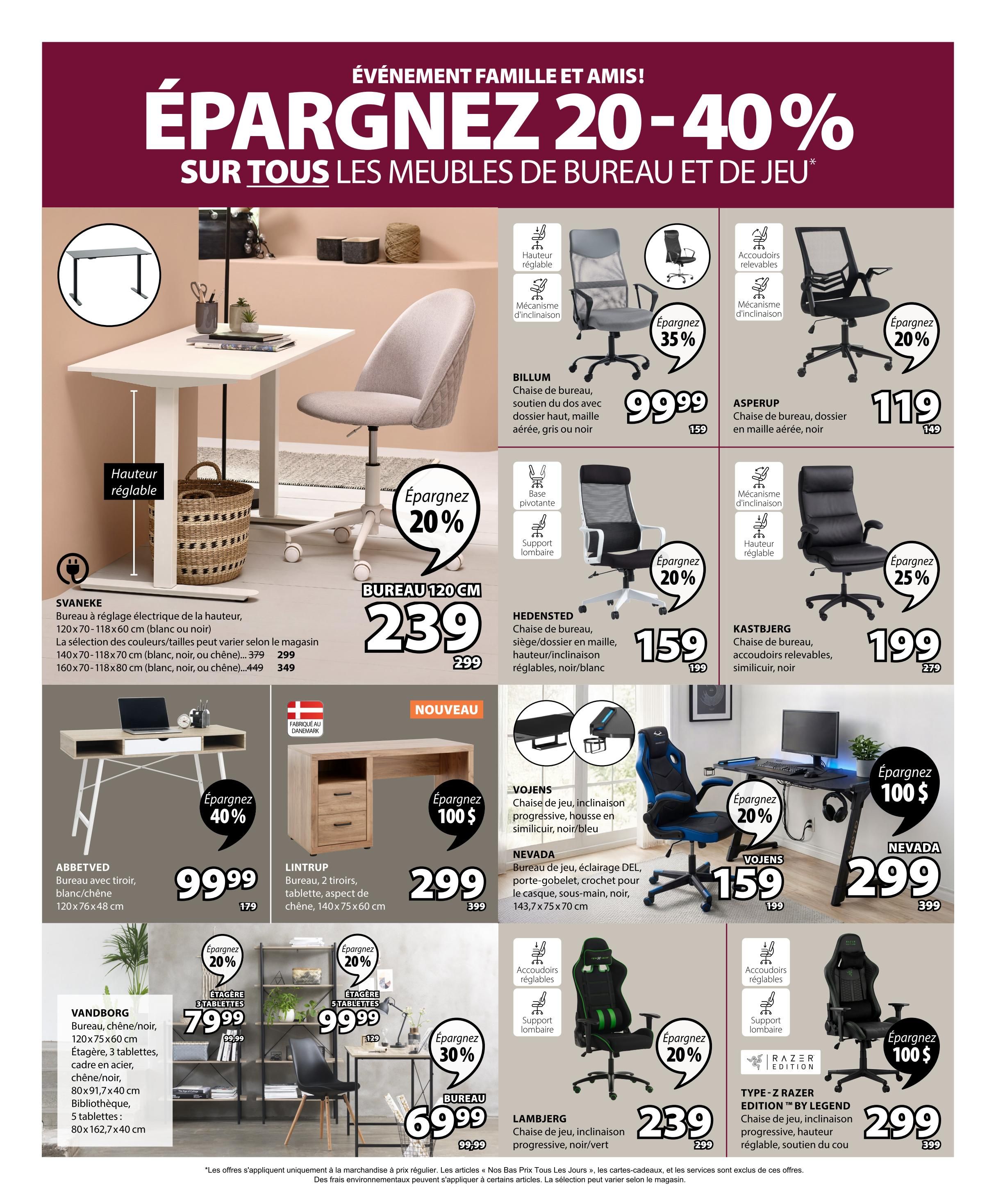 Jysk flyer page 8 features a 'Family and Friends Event' with 20-40% off all office and gaming furniture. Featured items include the SVANAKE electric height-adjustable desk in white or black, available in multiple sizes, starting at $299. The ABBETVED desk with drawer in white/oak is $99.99, saving 40%. The LINTRUP desk in oak is $299. The VANDBORG desk in oak/black is $79.99, and a matching 3-shelf bookcase is also available. Office chairs include the BILLUM chair for $99.99 (35% off), the ASPERUP mesh chair for $119, the HEDENSTED chair for $159, the KASTBJERG chair for $199, and the LAMBJERG gaming chair for $239. Gaming desks and chairs are also featured, including the VOJENS gaming chair for $159 (20% off) and the NEVADA gaming desk with LED lighting for $299 (save $100). The TYPE-Z RAZER EDITION BY LEGEND gaming chair is $299 (save $100).