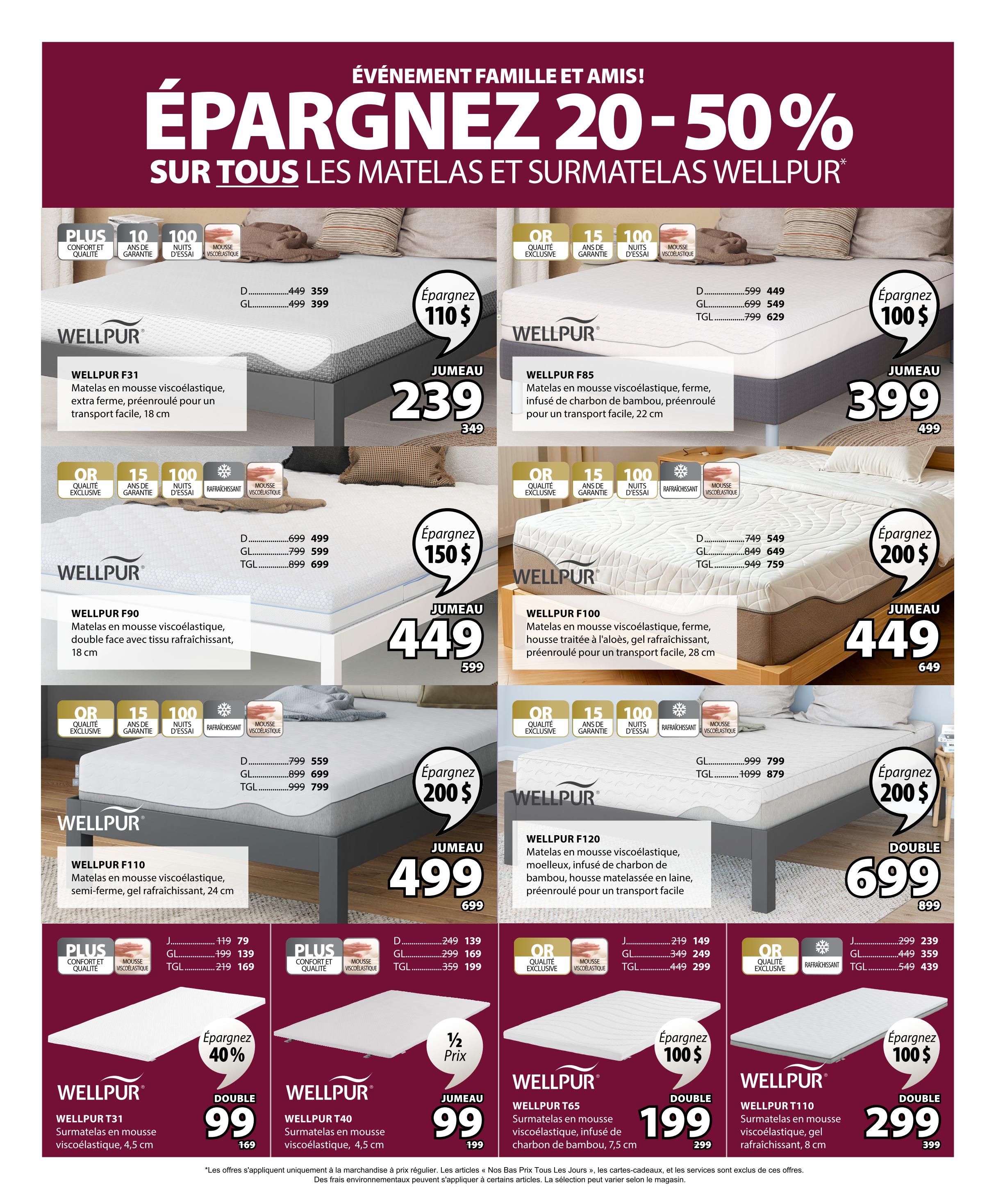 Jysk flyer specials page 10: Save 20-50% on all Wellpur mattresses and mattress toppers. Featured items include the Wellpur F31 viscoelastic mattress, extra firm, pre-rolled for easy transport, 18 cm, on sale for $239 (regularly $349). The Wellpur F85 viscoelastic mattress, infused with bamboo charcoal, pre-rolled for easy transport, 22 cm, is $399 (regularly $499). The Wellpur F90 double-sided mattress with cooling fabric, 18 cm, is $449 (regularly $599). The Wellpur F100 mattress, treated with aloe vera, with cooling fabric, pre-rolled for easy transport, 28 cm, is $449 (regularly $649). The Wellpur F110 viscoelastic mattress, semi-firm, with cooling gel, 24 cm, is $499 (regularly $899). The Wellpur F120 viscoelastic mattress, soft, infused with bamboo charcoal, quilted mattress cover, pre-rolled for easy transport, is $699 (regularly $899). Also featured are Wellpur mattress toppers: the Wellpur T31, 4.5 cm, is 40% off, now $99 (regularly $169). The Wellpur T40, 4.5 cm, is half price, now $99 (regularly $199). The Wellpur T65, 7.5 cm, infused with bamboo charcoal, is $199 (regularly $299). The Wellpur T110, 8 cm, with cooling gel, is $299 (regularly $399). All mattresses come with a 15-year warranty and 100-night trial.