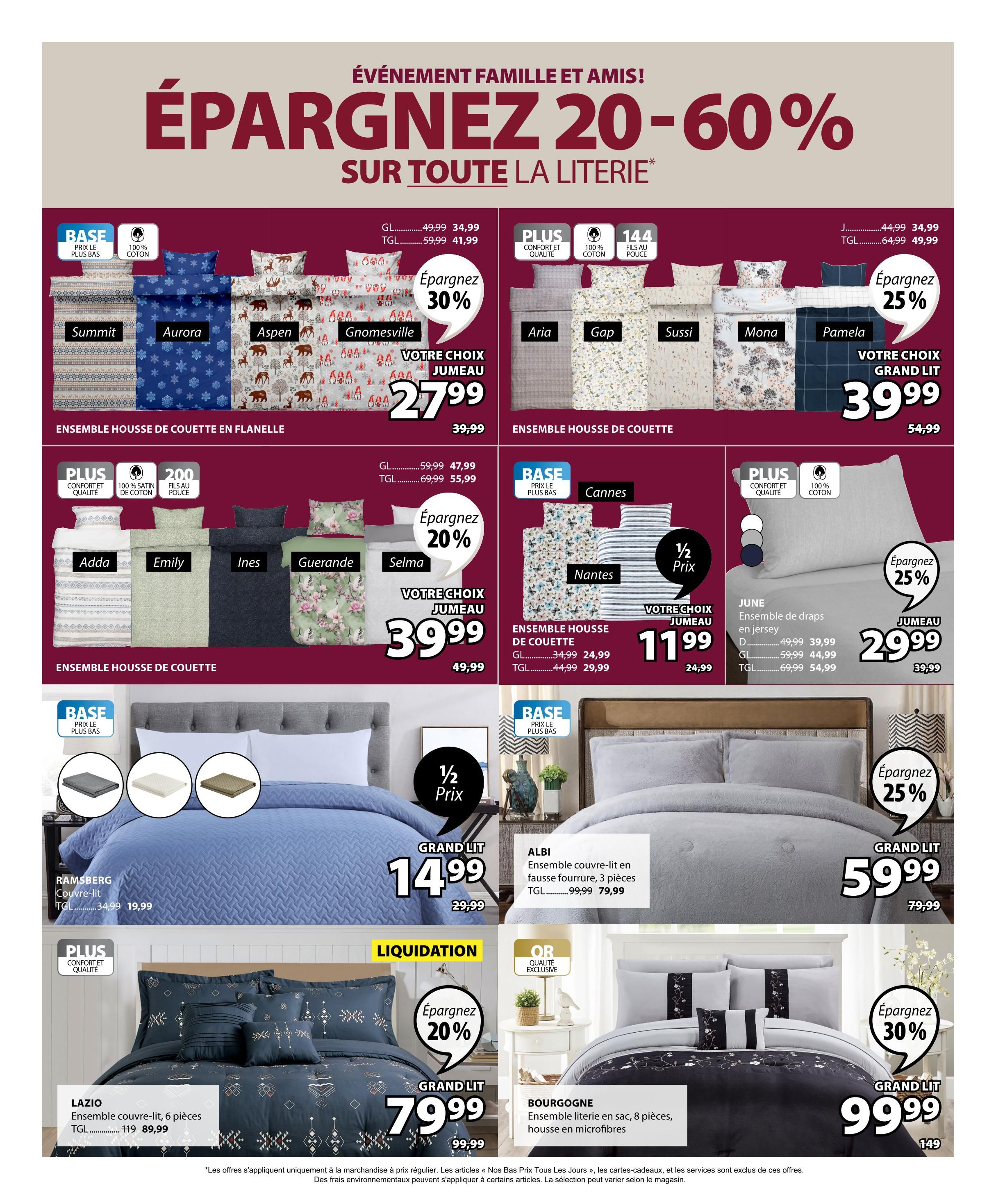 Jysk flyer page 11 features a large sale on bedding with savings of 20-60%. Featured items include flannel duvet cover sets like Summit, Aurora, Aspen, and Gnomesville, with twin sizes starting at $27.99 (regularly $39.99), and 30% off. Other duvet cover sets include Aria, Gap, Sussi, Mona, and Pamela, with grand lit sizes at $39.99 (regularly $54.99), and 25% off. More duvet cover sets like Adda, Emily, Ines, Guerande, and Selma are available, with twin sizes at $39.99 (regularly $49.99), and 20% off. Jersey sheet sets in sizes D, GL, and TGL are on sale, with twin sizes starting at $29.99 (regularly $39.99). The Ramsberg bedspread is available in multiple colours for $14.99 (regularly $29.99), a 50% discount. The ALBI faux fur duvet cover set (3 pieces) is on sale for $79.99 (regularly $99.99), a 20% discount. The LAZIO 6-piece duvet cover set is $89.99 (regularly $119). The BOURGOGNE 8-piece microfiber bedding set is $99.99 (regularly $149), with 30% off.