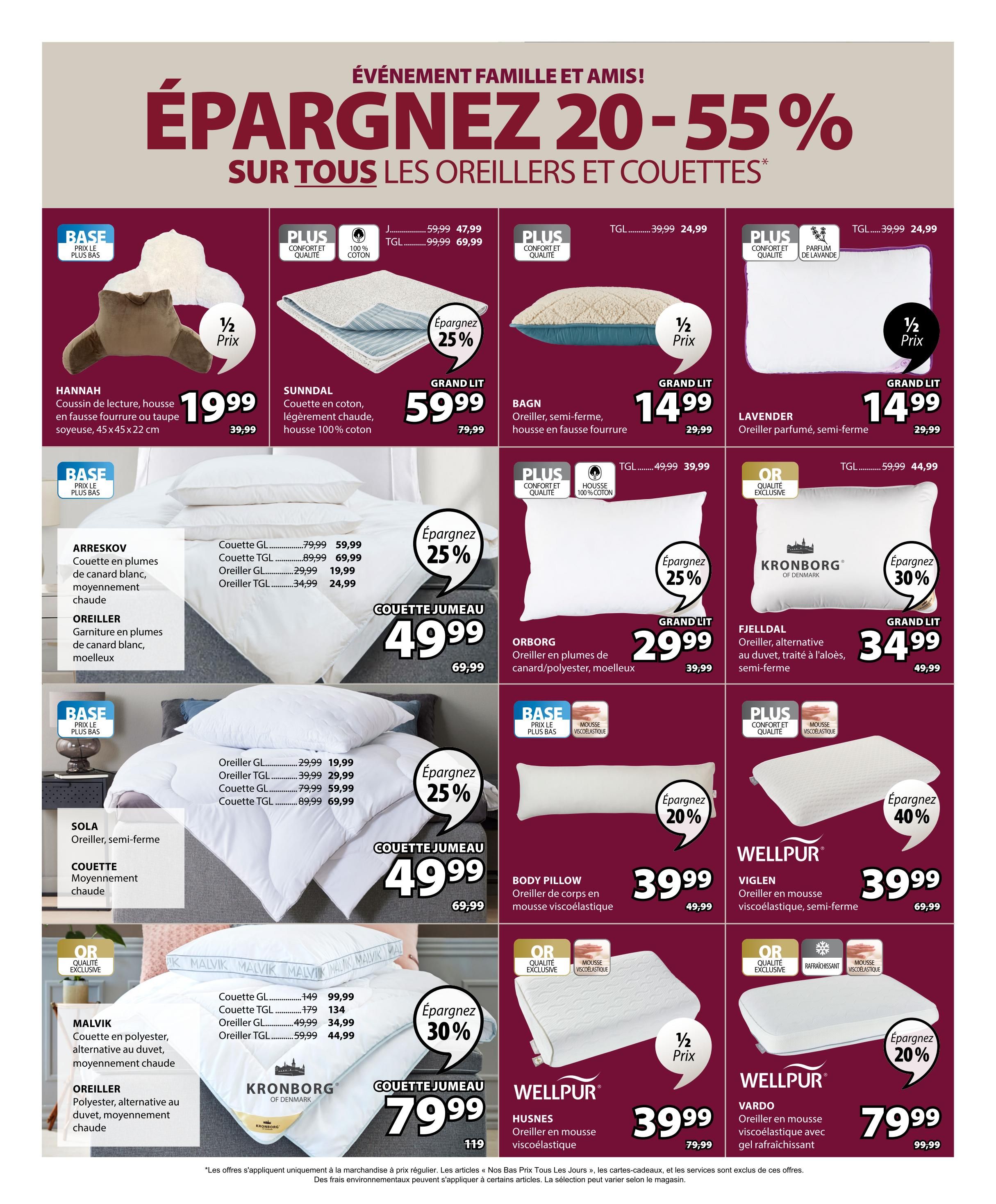 Jysk flyer page 12 featuring a large sale on pillows and duvets with savings of 20-55%. Featured items include the HANNAH reading cushion for $19.99 (originally $39.99), SUNNDAL duvet in 100% cotton for $59.99 (originally $79.99), BAGN pillow for $14.99 (originally $29.99), and LAVENDER scented pillow for $14.99 (originally $29.99). Also on sale are ARRESKOV duvets starting at $29.99 and ORBORG pillows for $29.99. The page highlights KRONBORG duvets starting at $49.99 with a 30% saving and WELLPUR pillows including the VIGLEN for $39.99 (originally $69.99) and VARDO with cooling gel for $79.99 (originally $99.99), offering 20% off. Other items include SOLA pillows and various duvets with prices starting from $49.99.
