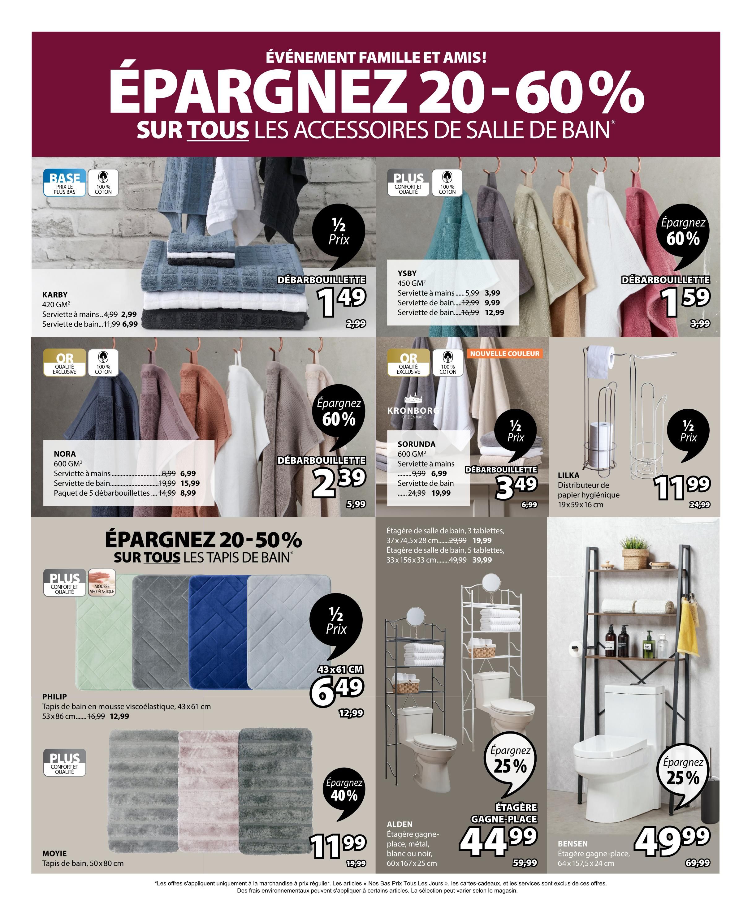 Jysk flyer page 13 features a large sale on bathroom accessories with savings of 20-60%. Featured items include KARBY hand towels for $2.99 (originally $4.99) and bath towels for $6.99 (originally $11.99). YSBY hand towels are on sale for $3.99 (originally $5.99), bath towels for $9.99 (originally $12.99), and bath towels for $12.99 (originally $16.99). NORA hand towels are $6.99 (originally $8.99), bath towels are $15.99 (originally $19.99), and a 5-pack of bath towels is $8.99 (originally $14.99). Also available are PHILIP viscoelastic foam bath mats in size 43x61 cm for $12.99 (originally $16.99) and MOYIE bath mats in size 50x80 cm for $11.99 (originally $19.99), with 40% savings. Toilet paper holders are available for $11.99 (originally $24.99). Bathroom shelving units are featured: a 3-tier unit for $19.99 (originally $29.99) and a 5-tier unit for $39.99 (originally $49.99). ALDEN space-saving metal shelving units in black or white, size 60x167x25 cm, are $44.99 (originally $59.99). BENSEN space-saving shelving units, size 64x157.5x24 cm, are $49.99 (originally $69.99), with 25% savings on both shelving units. Several bath towel sets are displayed with savings up to 60%.