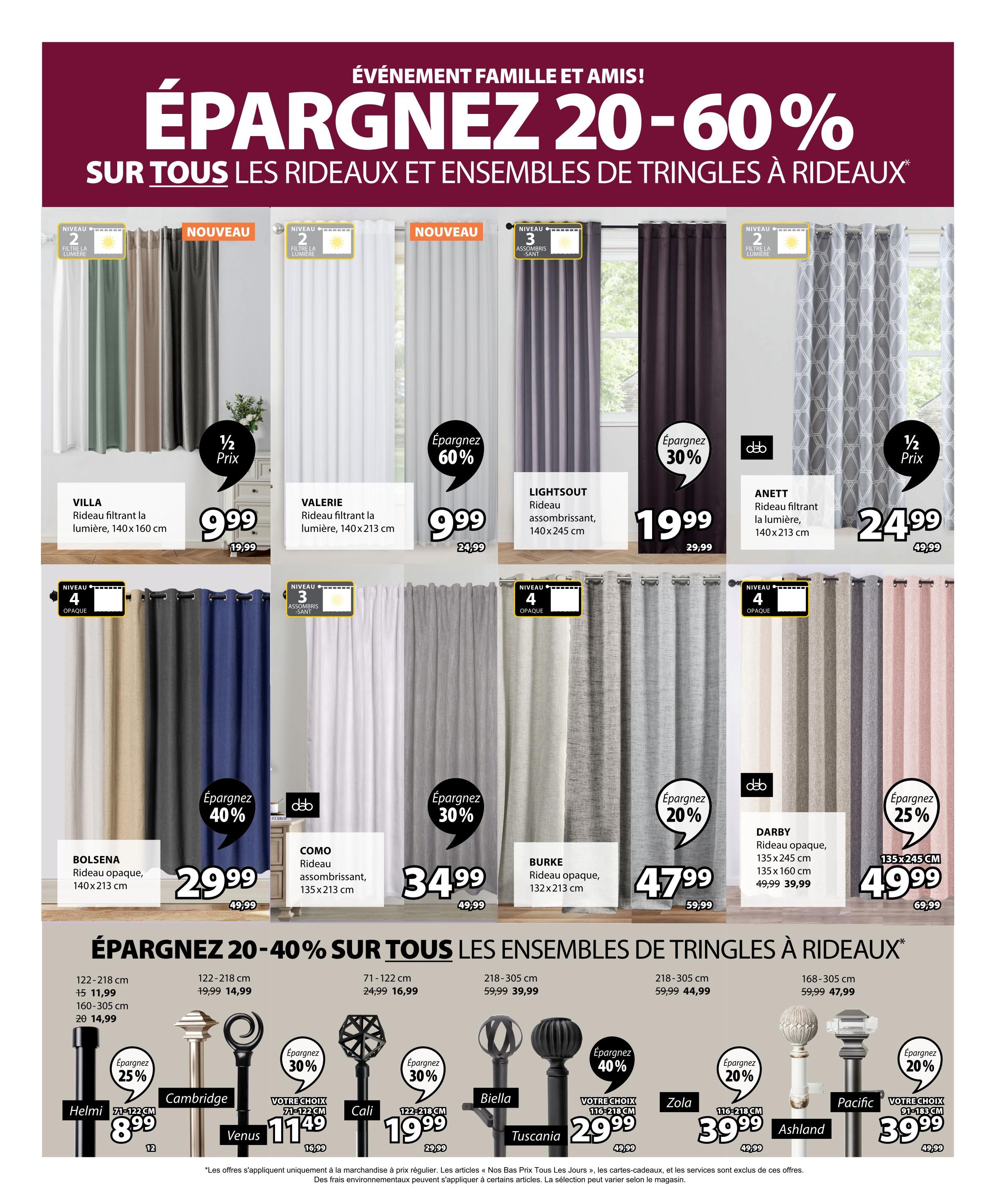 Jysk flyer page featuring a sale of 20-60% off all curtains and curtain rod sets. Top row showcases new arrivals and light-filtering curtains: VILLA light-filtering curtain, 140x160 cm, now $9.99 (was $19.99); VALERIE light-filtering curtain, 140x213 cm, with a 60% discount, now $9.99 (was $24.99); LIGHTSOUT blackout curtain, 140x245 cm, now $19.99 (was $29.99); and ANETT light-filtering curtain, 140x213 cm, now $24.99 (was $49.99). Second row features opaque curtains: BOLSENA opaque curtain, 140x213 cm, now $29.99 (was $49.99); COMO opaque curtain, 135x213 cm, with a 40% discount, now $34.99 (was $49.99); BURKE opaque curtain, 132x213 cm, now $47.99 (was $59.99); and DARBY opaque curtain, 135x245 cm, with a 25% discount, now $49.99 (was $59.99). The bottom section highlights curtain rod sets: HELMI rod set, 71-122 cm, 25% off, now $8.99 (was $11.99); CAMBRIDGE rod set, 160-305 cm, now $14.99; CALI rod set, 71-122 cm, 30% off, now $19.99 (was $29.99); BIELLA rod set, 122-218 cm, now $29.99 (was $44.99); TUSCANIA rod set, 116-218 cm, 40% off, now $29.99 (was $49.99); ZOLA rod set, 218-305 cm, now $39.99 (was $59.99); ASHLAND rod set, 168-305 cm, 20% off, now $39.99 (was $47.99); and PACIFIC rod set, 91-183 cm, now $39.99 (was $49.99).