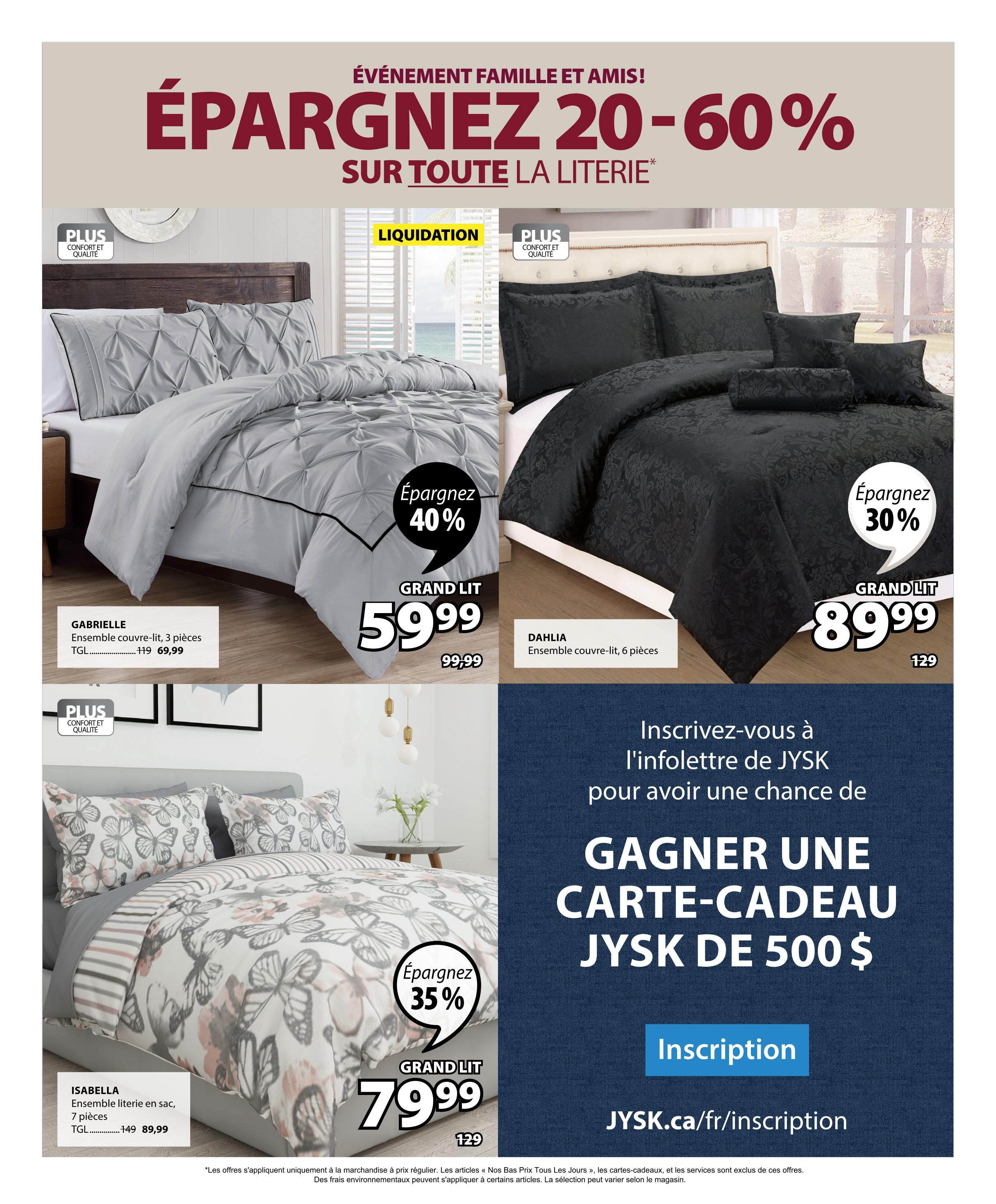 Jysk flyer page 16 features a sale on bedding with savings of 20-60% on all bedding. Featured items include the Gabrielle 3-piece duvet cover set, queen size, for $59.99 (regularly $99.99), offering a 40% saving. The Dahlia 6-piece duvet cover set, king size, is on sale for $89.99 (regularly $129). The Isabella 7-piece bagged bedding set is available for $79.99 (regularly $149), with a 35% saving. The page also promotes a chance to win a $500 Jysk gift card by subscribing to their newsletter at Jysk.ca/fr/inscription.