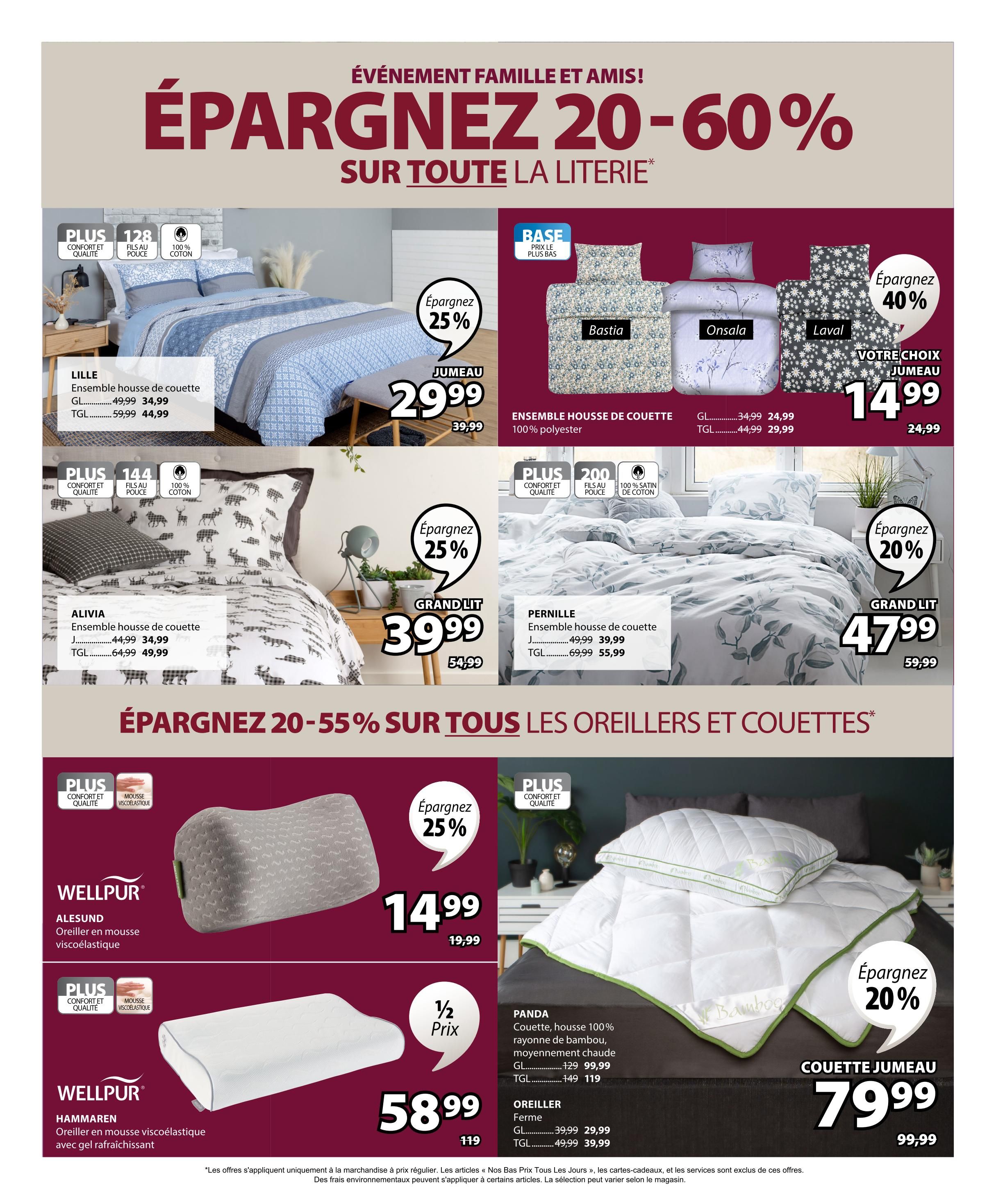 Jysk flyer page 17 features a 'Family and Friends Event' with savings of 20-60% on all bedding. Featured items include the Lille duvet cover set, available in GL for $34.99 (originally $49.99) and TGL for $44.99 (originally $59.99). The Jumeau duvet cover set is on sale for $29.99 (originally $39.99). Several duvet cover sets are available for $14.99, including the Bastia, Onsala, and Laval designs, with 25% savings on the Jumeau size and 40% savings on the Laval design. The Alivia duvet cover set is $34.99 for GL (originally $44.99) and $49.99 for TGL (originally $64.99). The Pernille duvet cover set is $39.99 for GL (originally $49.99) and $55.99 for TGL (originally $69.99). Save 20-55% on all pillows and duvets. The Wellpur Alesund viscoelastic foam pillow is $14.99 (originally $19.99). The Wellpur Hammaren viscoelastic foam pillow with cooling gel is $58.99 (originally $119). The Panda 100% bamboo rayon duvet, medium warmth, is $99.99 for GL (originally $129) and $119 for TGL (originally $149). The Firm pillow is $29.99 for GL (originally $39.99) and $39.99 for TGL (originally $49.99). The Jumeau duvet is on sale for $79.99 (originally $99.99) with a 20% saving.