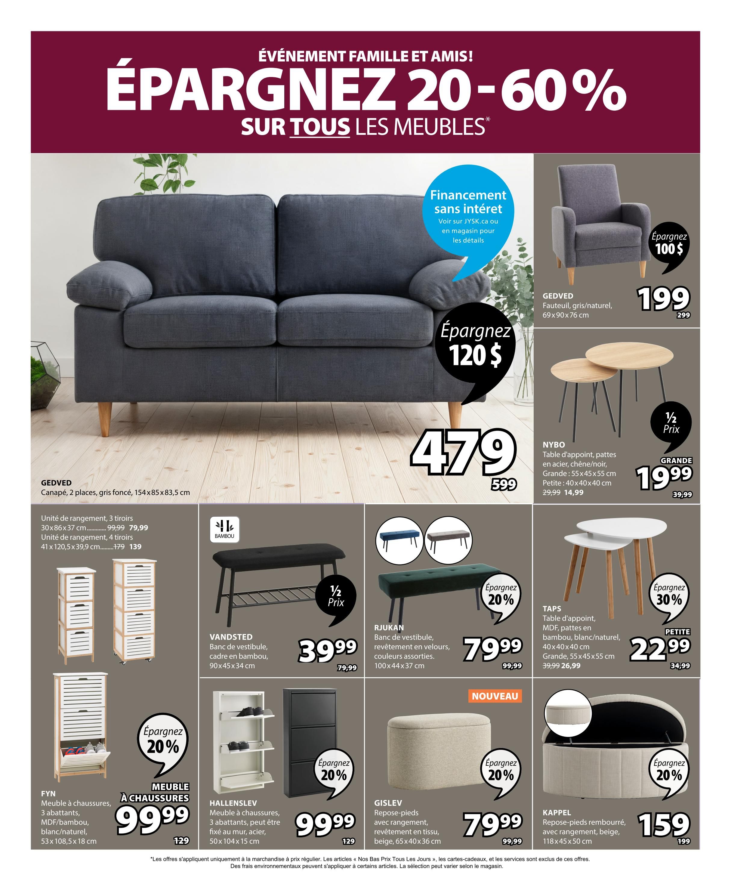 Jysk flyer page 20 features a 'Family and Friends Event' with savings of 20-60% on all furniture. Featured items include the GEDVED armchair in grey/natural for $199 (save $100), and a 2-seater GEDVED sofa in dark grey for $479. Also on sale is the NYBO coffee table set, with the large table at $19.99 (half price) and the small table at $14.99. The TAPS nesting tables in MDF/bamboo are $22.99 (save 30%). Storage solutions include the FYN shoe cabinet with 3 drawers for $99.99 (save 20%), and the HALLENSLEV shoe cabinet with 3 doors for $99.99 (save 20%). The VANDSTED bamboo bench with shoe rack is $39.99 (half price). The Rjukan bench in velvet is $79.99. The GISLEV storage ottoman in beige is $79.99 (save 20%), and the KAPPEL storage ottoman is $159 (save 20%).