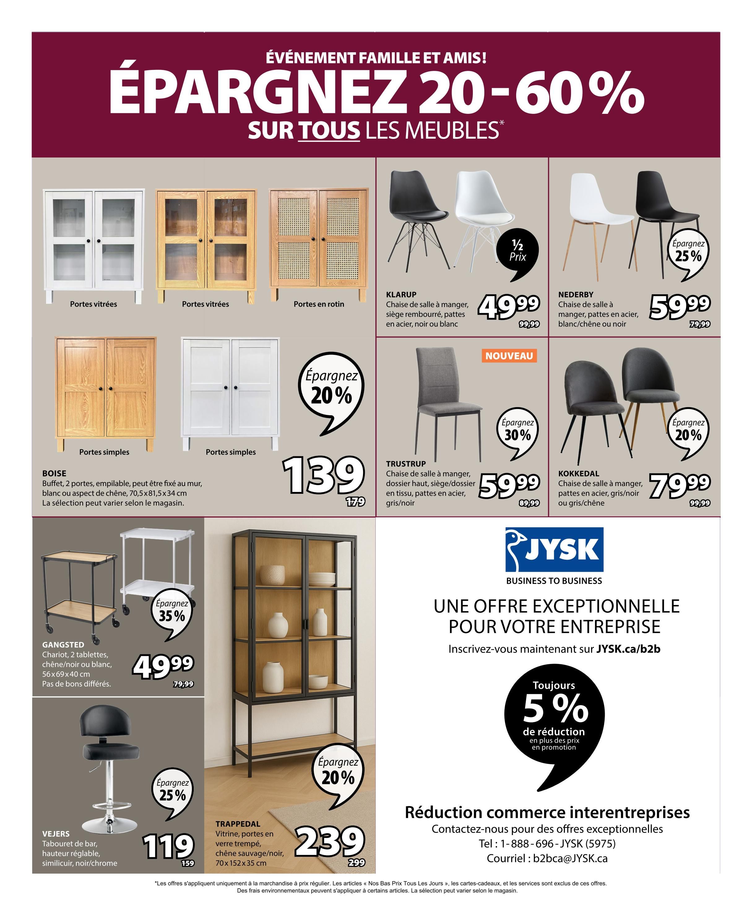 Jysk flyer page 21 features a 'Family and Friends Event' with savings of 20-60% on all furniture. Featured items include: KLARUP dining chairs in black or white for $49.99 (half price), NEDERBY dining chairs in black, white, or oak for $59.99 (save 25%), TRUSTRUP dining chairs in grey/black for $59.99, KOKKEDAL dining chairs in grey/black or grey/oak for $79.99 (save 20%). Also shown are BOISE buffets for $139 (was $179), GANGSTED serving carts in oak/black or white for $49.99 (save 35%), VEJERS bar stools in black/chrome for $119 (was $159) with 25% off, and TRAPPEDAL display cabinets for $239 (was $299) with 20% off. The page also highlights a 'Business to Business' offer with an additional 5% off already reduced prices, and contact information for Jysk's B2B services.