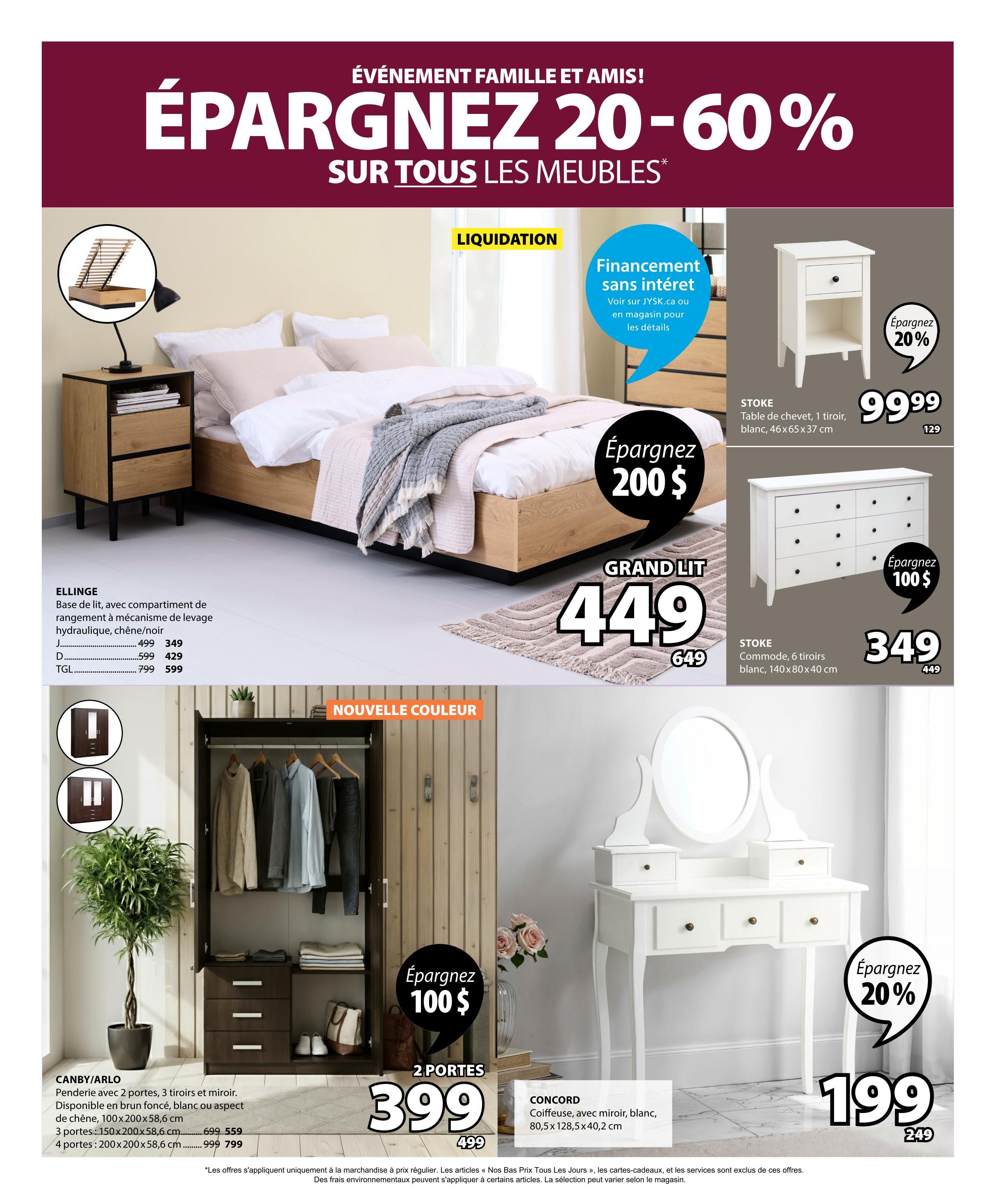 Jysk flyer page 22 features a 'Family and Friends Event' with 20-60% off all furniture. Featured items include the ELLINAGE bed base with hydraulic lift storage, available in oak/black, with sizes J, D, and TGL priced at $349, $429, and $599 respectively. The STOKE 1-drawer nightstand in white is $99.99 (regularly $129), and the STOKE 6-drawer dresser in white (140x80x40 cm) is $349 (regularly $449). The CANBY/ARLO wardrobe with 2 doors, 3 drawers, and mirror is available in dark brown, white, or oak finish. The 150x200x58.6 cm size is $559 (regularly $699), and the 200x200x58.6 cm size is $799 (regularly $999). A 2-door wardrobe is on sale for $399 (regularly $499). The CONCORD vanity with mirror in white (80.5x128.5x40.2 cm) is $199 (regularly $249), with a 20% saving.