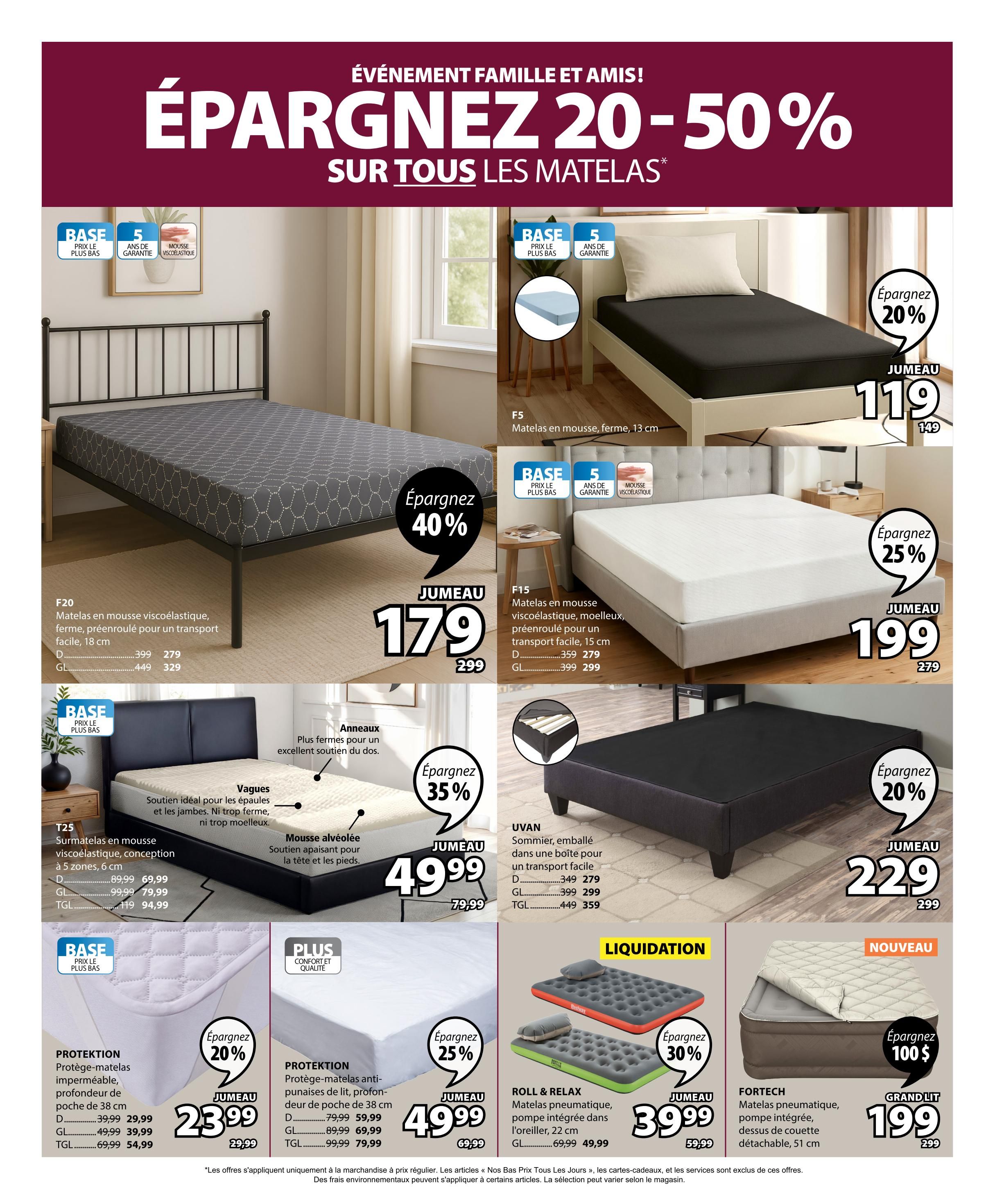 Jysk flyer page 23 features a 'Family and Friends Event' with 20-50% off all mattresses. Featured items include the F20 viscoelastic foam mattress, twin size, on sale for $179 (regularly $299), saving 40%. The F15 viscoelastic mattress, twin size, is $199 (regularly $279), saving 20%. The T25 viscoelastic foam mattress topper, 5 zones, 6 cm thick, is $69.99 for double size (regularly $89.99) and $79.99 for queen size (regularly $99.99). The Vagues mattress topper offers ideal support for shoulders and legs, priced at $49.99 for twin size (regularly $79.99), saving 35%. The Mousse alvéolée mattress topper provides comfort for the head and neck, priced at $49.99 for twin size. The UVAN bed base, packed in a box for easy transport, is $279 for double size (regularly $399) and $359 for queen size. The PROTEXION waterproof mattress protector is $29.99 for double size (regularly $39.99), $39.99 for queen size (regularly $49.99), and $54.99 for king size (regularly $69.99), saving 20%. The PROTEXION anti-puncture mattress protector is $49.99 for twin size (regularly $59.99), $69.99 for queen size (regularly $89.99), and $79.99 for king size (regularly $99.99), saving 25%. The Roll & Relax inflatable mattress with integrated pump is $39.99 for twin size (regularly $59.99), saving 30%. The FORTECH inflatable mattress with integrated pump and detachable duvet is $199 for king size, saving $100.