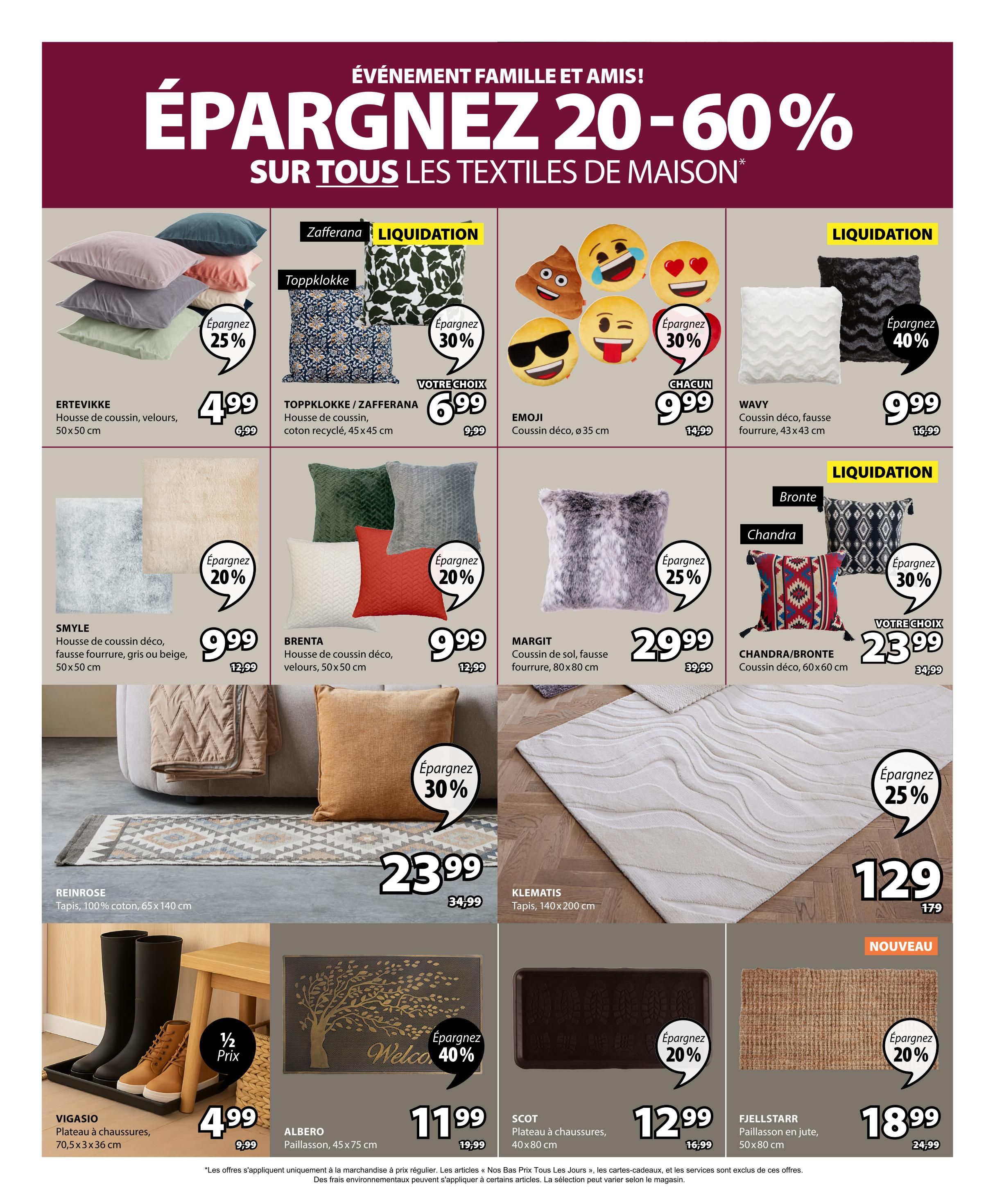 Jysk flyer page 27 features a 'Save 20-60% on Home Textiles' event. Featured items include ERTEVIKKE velvet cushion covers (50x50 cm) for $4.99 (save 25%), TOPPKLORE / ZAFFERANA cushion covers (45x45 cm) for $6.99 (save 30%), and EMJI decorative cushions (ø 35 cm) for $9.99. WAVY decorative cushions (faux fur, 43x43 cm) are $9.99 (save 40%). SMYLE decorative cushion covers (faux fur, grey or beige, 50x50 cm) are $9.99 (save 20%), BRENTA velvet cushion covers (50x50 cm) are $9.99 (save 20%), MARGIT floor cushions (faux fur, 80x80 cm) are $29.99, and CHANDRA/BRONTE decorative cushions (60x60 cm) are $23.99 (save 30%). Also on sale are REINROSE rugs (100% cotton, 65x140 cm) for $23.99 and KLEMATIS rugs (140x200 cm) for $129 (save 25%). New arrivals include the FJELLSTARR jute rug (50x80 cm) for $18.99 (save 20%). Other items include the VIGASIO shoe tray (70.5x3x36 cm) for $4.99 (half price) and the ALBERO doormat (45x75 cm) for $11.99 (save 40%). The SCOT shoe tray (40x80 cm) is $12.99 (save 20%).