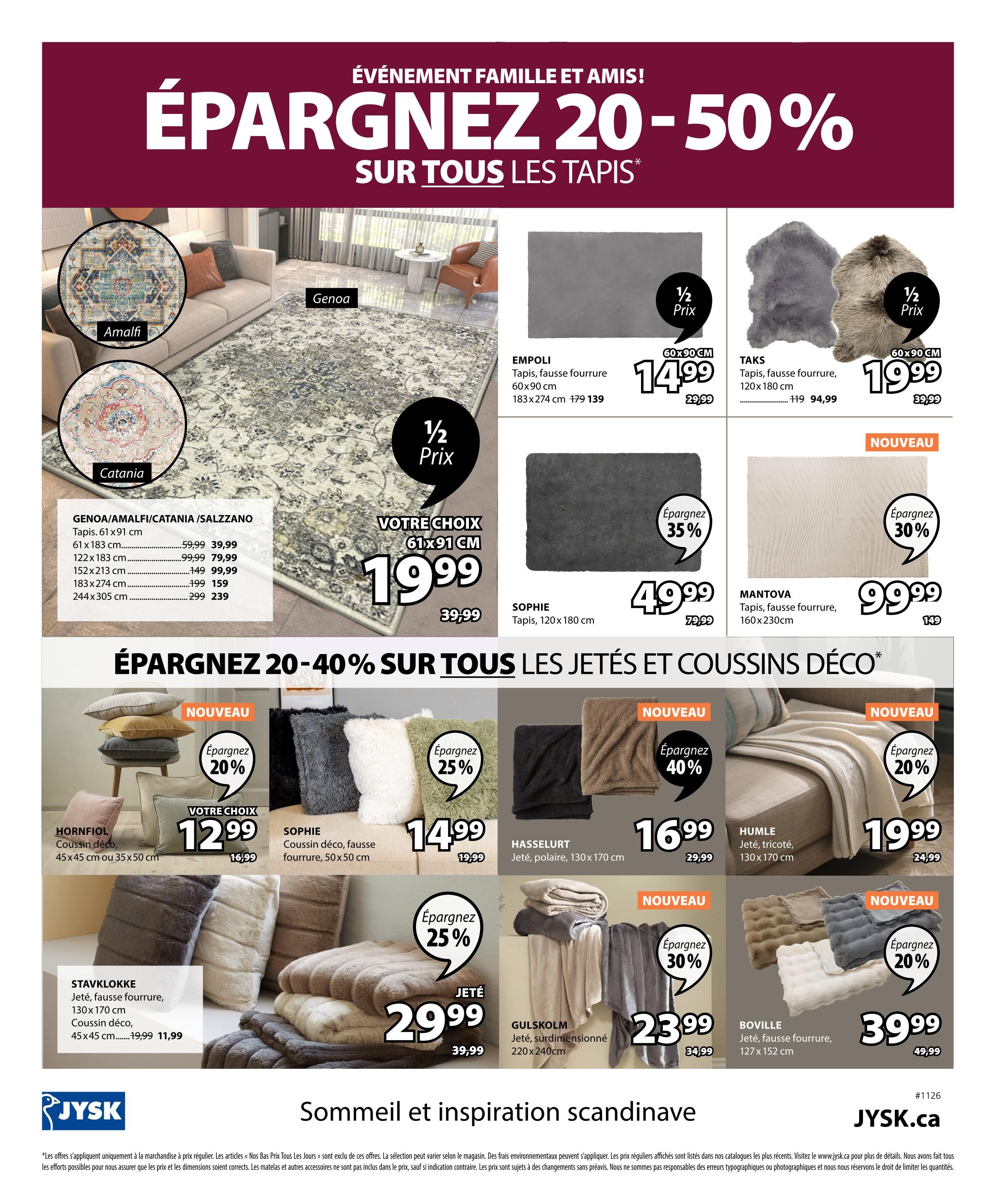 Jysk flyer page 30 features a 'Save 20-50% on all rugs' event. Featured rugs include the GENOA/AMALFI/CATANIA/SALZZANO collection with various sizes and prices starting at $39.99 for 61x91 cm, down from $59.99. The EMPOLI faux fur rug (60x90 cm) is $14.99 (originally $29.99) and the 183x274 cm size is $139 (originally $179). The TAKS faux fur rug (60x90 cm) is $19.99 (originally $39.99) and the 120x180 cm size is $94.99 (originally $119). The MANTova rug (160x230cm) is $99.99 and comes with a 30% saving. The page also highlights 'Save 20-40% on all throws and decorative cushions'. New items include the HORNFIOL decorative cushion (45x45 cm or 35x50 cm) on sale for $12.99 (originally $16.99) with a 20% saving. The SOPHIE faux fur cushion is $14.99 (originally $19.99) with a 25% saving. The HASSELURT polar throw (130x170 cm) is $19.99 (originally $29.99). The HUMLE knitted throw (130x170 cm) is $19.99 (originally $24.99) with a 20% saving. The STAVKLOKKE faux fur throw (130x170 cm) is $11.99 (originally $19.99). The GULSKOLM oversized throw (220x240 cm) is $29.99 (originally $39.99) with a 25% saving. The BOVILLE faux fur throw (127x152 cm) is $39.99 (originally $49.99) with a 20% saving. The page concludes with the Jysk logo and website JYSK.ca.