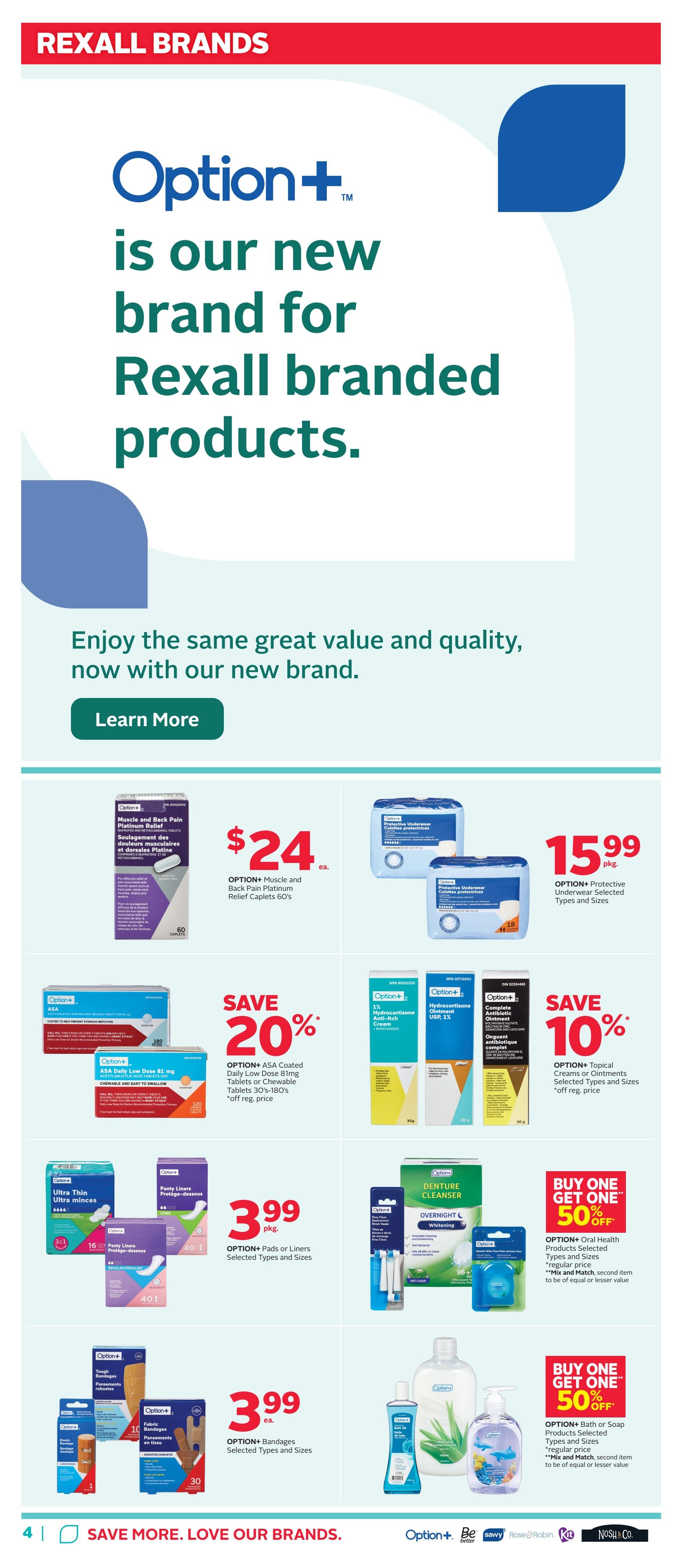 Rexall Brands page featuring Option+ products. Highlights include Option+ Muscle and Back Pain Platinum Relief Caplets 60's for $24 ea., Option+ Protective Underwear Selected Types and Sizes for $15.99 pkg., Option+ ASA Coated Daily Low Dose 81mg Tablets 30's-180's for 20% off, Option+ Pads or Liners Selected Types and Sizes for $3.99 pkg., Option+ Hydrocortisone Anti-Itch Cream and Hydrocortisone USP, 1% for 10% off, Option+ Complete Antibiotic Ointment for 10% off, Option+ Denture Cleanser and Smooth Glide Floss with a Buy One Get One 50% off offer on Option+ Oral Health Products, and Option+ Bath or Soap Products Selected Types and Sizes with a Buy One Get One 50% off offer. Also features Option+ Bandages Selected Types and Sizes for $3.99 ea.