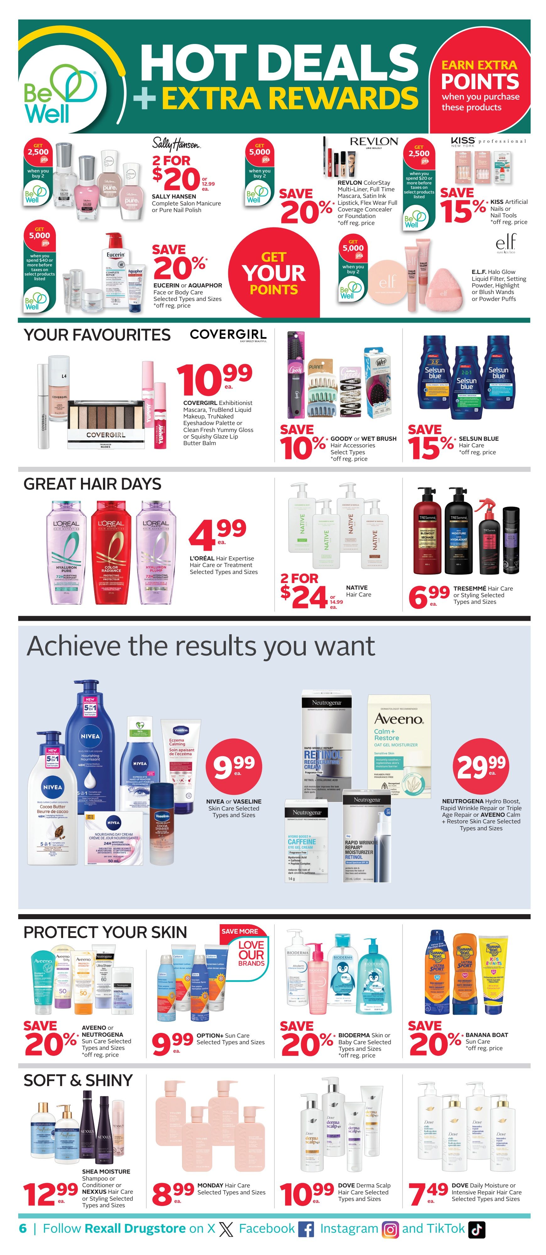Rexall flyer page 14 featuring 'Hot Deals + Extra Rewards'. Earn 2,500 points when you buy 2 Sally Hansen Complete Manicure or Pure Nail Polish, on sale 2 for $20. Save 20% on Eucerin or Aquaphor Face or Body Care, and get 5,000 points when you spend $40 or more on select products. Save 15% on KISS Professional Artificial Nail Tips or Glue, and get 5,000 points when you buy 2 E.L.F. Halo Glow products including Liquid Filter, Setting Powder, or Powder Puffs. Covergirl Exhibitionist Mascara, TruBlend Liquid Makeup, or Yummy Gloss is $10.99 each. Save 10% on GOODY or Wet Brush Hair Accessories. Native Hair Care is 2 for $24. Save 15% on Selsun Blue Hair Care. Tresemmé Hair Care or Styling products are $6.99 each. L'Oréal Hair Expertise Hair Care is $4.99 each. Achieve the results you want with Nivea or Vaseline Skin Care for $9.99 each. Neutrogena Hydro Boost, Rapid Wrinkle Repair, or Aveeno Calm + Restore Skin Care is $29.99 each. Protect Your Skin with Aveeno or Neutrogena Sun Care, save 20%. Option+ Sun Care is $9.99 each. Bioderma Skin or Baby Care is save 20%. Banana Boat Sun Care is save 20%. Soft & Shiny hair products feature Shea Moisture Shampoo or Conditioner or Nexxus Hair Care for $12.99 each. Monday Hair Care is $8.99 each. Dove Derma Scalp Hair Care is $10.99 each. Dove Daily Moisture or Intensive Repair Hair Care is $7.49 each. Follow Rexall Drugstore on Facebook, Instagram, and TikTok.