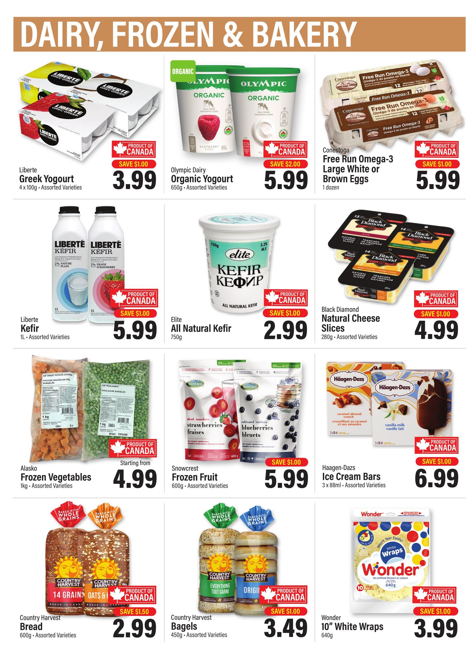 Commisso's Fresh Foods weekly flyer specials page 9 features dairy, frozen, and bakery items. Highlights include Liberte Greek Yogurt for $3.99 (save $1.00), Olympic Dairy Organic Yogurt for $5.99 (save $2.00), and Conestoga Free Run Omega-3 Large White or Brown Eggs for $5.99 (save $1.00). Also featured are Liberte Kefir for $5.99 (save $1.00), Elite All Natural Kefir for $2.99 (save $1.00), and Black Diamond Natural Cheese Slices for $4.99 (save $1.00). Frozen options include Alasko Frozen Vegetables starting at $4.99, Snowcrest Frozen Fruit for $5.99 (save $1.00), and Haagen-Dazs Ice Cream Bars for $6.99 (save $1.00). Bakery items include Country Harvest Bread for $2.99 (save $1.50), Country Harvest Bagels for $3.49 (save $1.00), and Wonder 10' White Wraps for $3.99 (save $1.00).