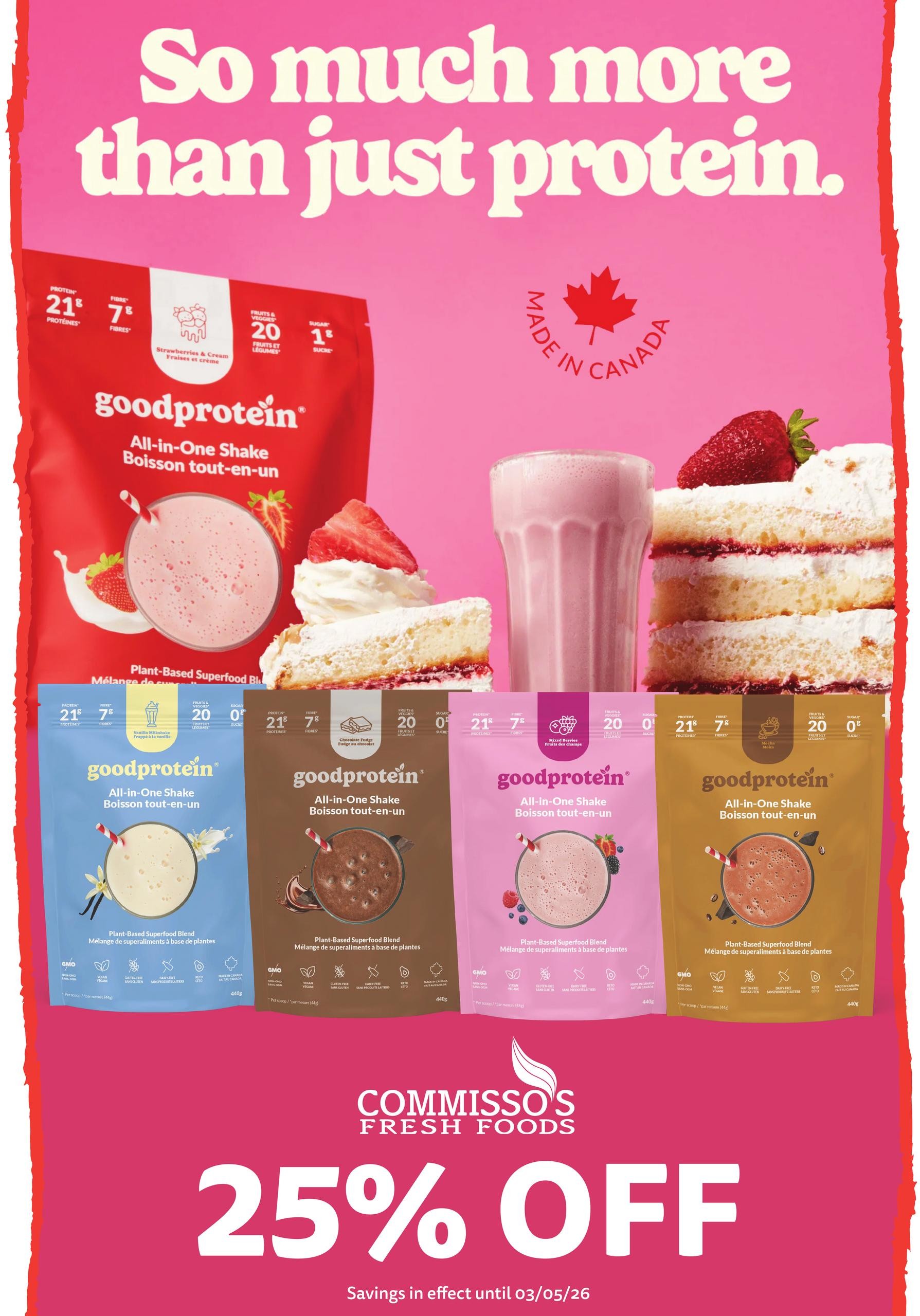 Commisso's Fresh Foods flyer page featuring GoodProtein All-in-One Shakes. The page highlights 'So much more than just protein.' Featured products include GoodProtein All-in-One Shake in Strawberries & Cream, Vanilla Milkshake, Chocolate Fudge, and Mixed Berries flavours. Each shake offers 21g of protein, 7g of fibre, and 20 servings per container. All products are plant-based superfood blends, non-GMO, vegan, gluten-free, dairy-free, and keto-friendly, made in Canada. The flyer also announces a storewide 25% OFF promotion on these items, valid until March 5, 2026.