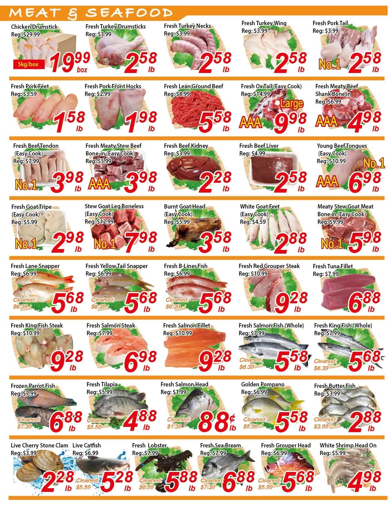 Fresh Win Foodmart weekly flyer specials page 2 features a wide selection of meat and seafood. Highlights include Chicken Drumstick at $19.99 per 5kg box, Fresh Turkey Drumsticks and Necks at $2.58/lb, Fresh Pork Tail at $2.58/lb, and Fresh Pork Feet at $1.58/lb. Also featured are Fresh Lean Ground Beef for $5.58/lb, Fresh OxTail (Easy Cook) at $9.98/lb, and Fresh Meaty Beef Shank Bone-in for $4.98/lb. Seafood options include Fresh Lane Snapper, Fresh Yellow Tail Snapper, and Fresh B-Liner Fish at $5.68/lb. Fresh King Fish Steak is $9.28/lb, Fresh Salmon Steak is $6.98/lb, and Fresh Salmon Fillet is $9.28/lb. Other deals include Fresh Tilapia at $4.88/lb, Fresh Salmon Head at $0.88/lb, Live Cherry Stone Clam at $2.28/lb, Live Catfish at $5.28/lb, Fresh Lobster at $5.88/lb, Fresh Sea Bream at $6.88/lb, Fresh Grouper Head at $5.68/lb, and White Shrimp Head On at $4.98/lb.