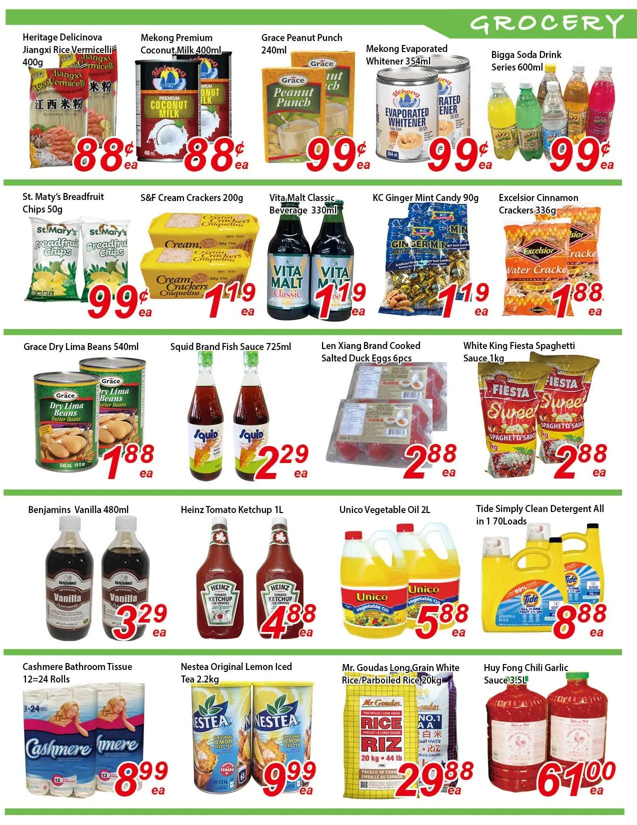 Fresh Win Foodmart weekly flyer specials page 3. Featured grocery items include Heritage Delicinova Jiangxi Rice Vermicelli 400g for $0.88, Mekong Premium Coconut Milk 400ml for $0.88, Grace Peanut Punch 240ml for $0.99, Mekong Evaporated Whitener 354ml for $0.99, and Bigga Soda Drink Series 600ml for $0.99 each. Also available are St. Maty's Breadfruit Chips 50g for $0.99, S&F Cream Crackers 200g for $1.19, Vita.Malt Classic Beverage 330ml for $1.19, KC Ginger Mint Candy 90g for $1.19, and Excelsior Cinnamon Crackers 336g for $1.88. Additional offers include Grace Dry Lima Beans 540ml for $1.88, Squid Brand Fish Sauce 725ml for $2.29, Len Xiang Brand Cooked Salted Duck Eggs 6pcs for $2.88, and White King Fiesta Spaghetti Sauce 1kg for $2.88. Benjamins Vanilla 480ml is priced at $3.29, Heinz Tomato Ketchup 1L is $4.88, Unico Vegetable Oil 2L is $5.88, and Tide Simply Clean Detergent All in 1 70Loads is $8.88. Finally, Cashmere Bathroom Tissue 12-24 Rolls is $8.99, Nestea Original Lemon Iced Tea 2.2kg is $9.99, Mr. Goudas Long-Grain White Rice/Parboiled Rice 20kg is $29.88, and Huy Fong Chili Garlic Sauce 3.5L is $61.00.
