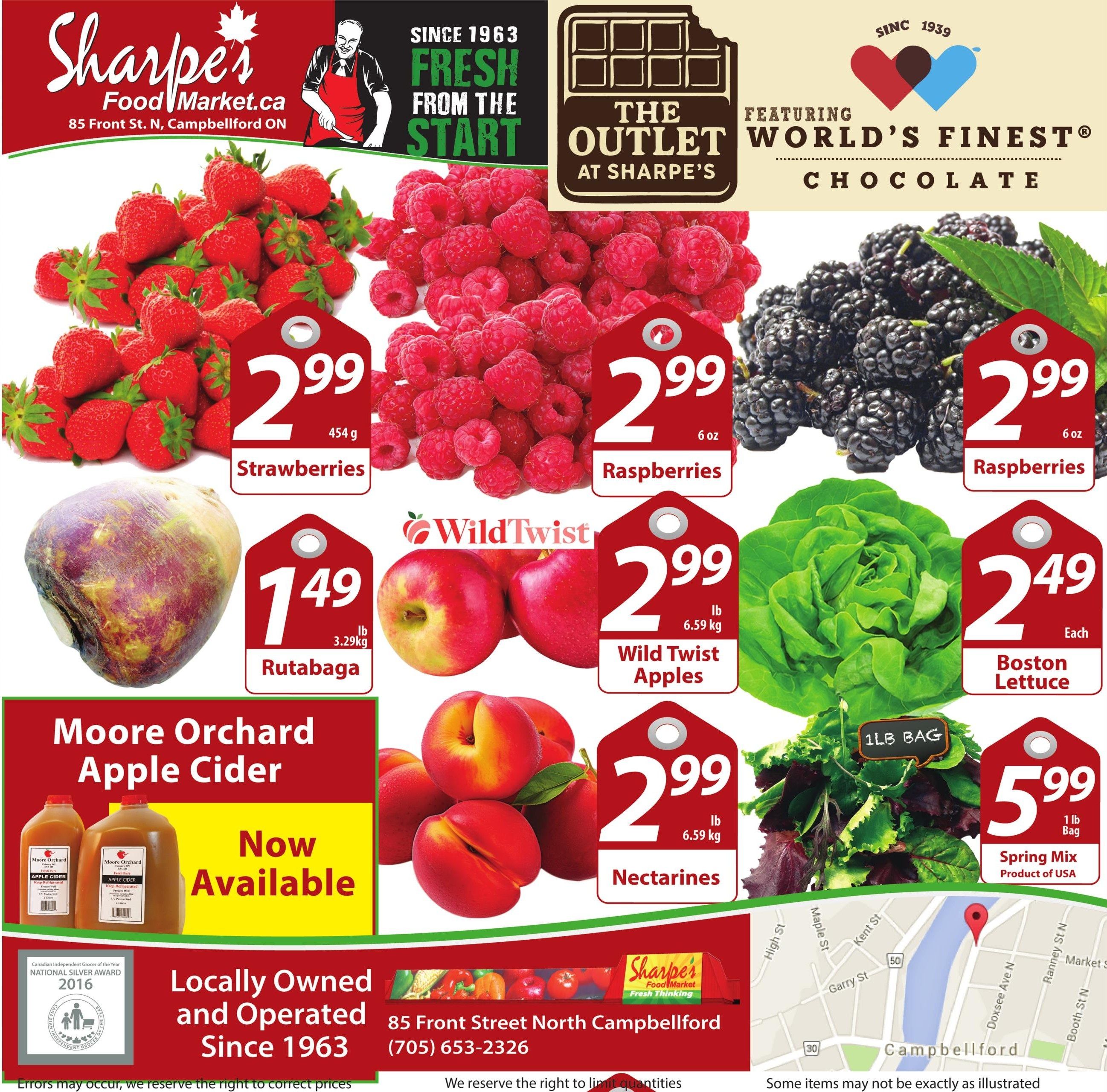 Sharpe's Food Market weekly flyer specials, page 8. Featuring fresh produce including Strawberries for $2.99 (454g), Raspberries for $2.99 (6 oz), Blackberries for $2.99 (6 oz), Rutabaga for $1.49/lb (3.29kg), Wild Twist Apples for $2.99/lb (6.59 kg), Boston Lettuce for $2.49 each, Nectarines for $2.99/lb (6.59 kg), and Spring Mix for $5.99 (1 lb bag). Also available is Moore Orchard Apple Cider, now available. Sharpe's Food Market is locally owned and operated since 1963, located at 85 Front Street North, Campbellford, ON, (705) 653-2326. They are the Canadian Independent Grocer of the Year National Silver Award winner in 2016. The flyer also features 'The Outlet at Sharpe's' and 'World's Finest Chocolate' since 1939.