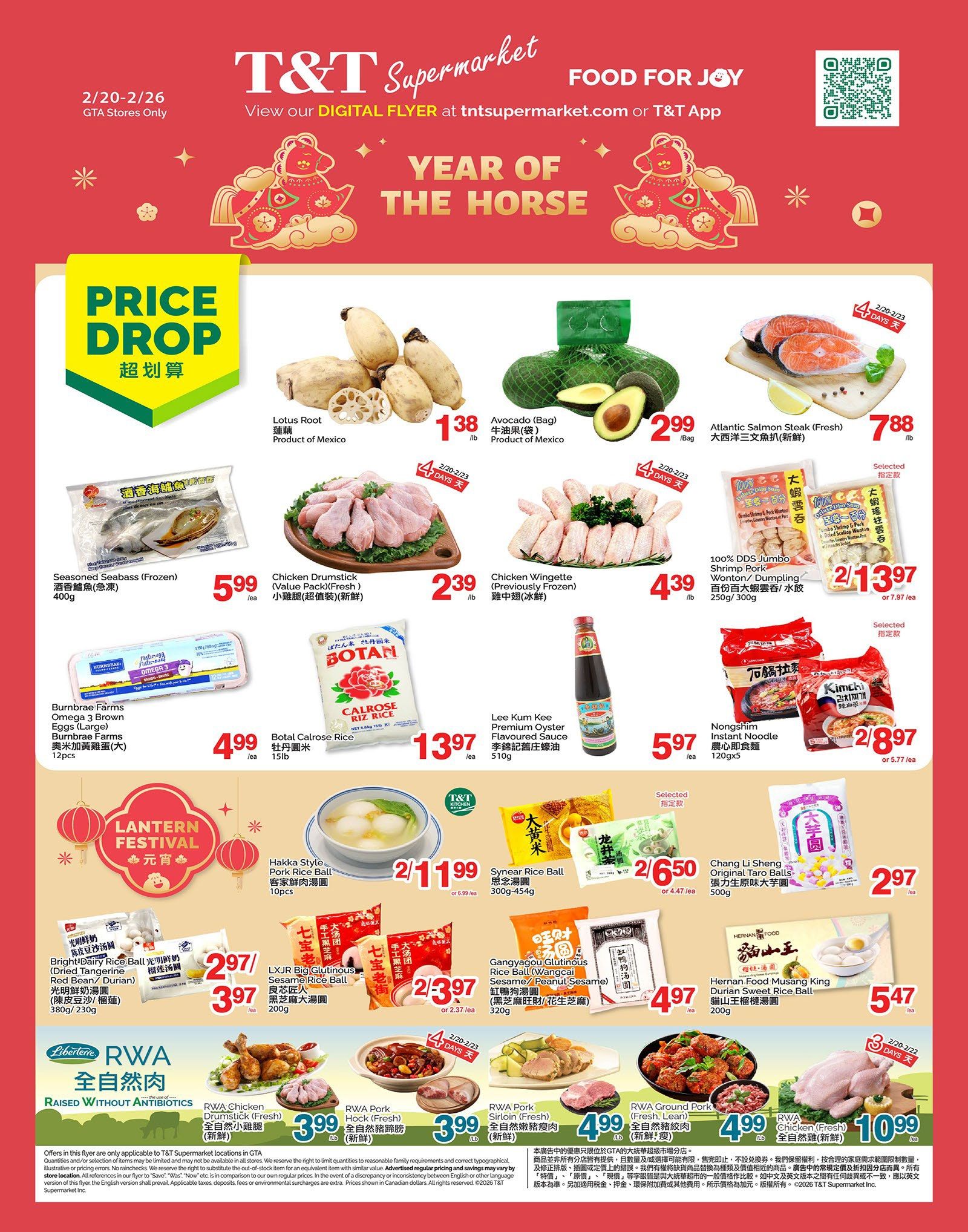 T&T Supermarket flyer for GTA stores, valid February 20-26, featuring Year of the Horse specials. Deals include Lotus Root for $1.38/lb, Avocado (Bag) for $2.99/bag, and Atlantic Salmon Steak (Fresh) for $7.88/lb. Also featured are Seasoned Seabass (Frozen) for $5.99/ea, Chicken Drumstick (Value Pack, Fresh) for $2.39/lb, and Chicken Wingette (Previously Frozen) for $4.39/lb. Burnbrae Farms Omega 3 Brown Eggs (Large) are $4.99/ea, and Botan Calrose Rice (15lb) is $13.97/ea. Lee Kum Kee Premium Oyster Flavoured Sauce (510g) is $5.97/ea. 100% DDS Jumbo Shrimp Pork Wonton/Dumpling (250g/300g) is 2 for $13.97 or $7.97/ea. Nongshim Instant Noodle (120gx5) is 2 for $8.97 or $5.77/ea. Lantern Festival specials include Hakka Style Pork Ball Soup (10pcs) for 2 for $11.99 or $6.99/ea, and Sinsar Rice Ball (300g-454g) for 2 for $6.50 or $4.47/ea. Bright Dairy Rice Ball (380g/230g) is $2.97/ea, and LXJR Big Glutinous Sesame Rice Ball (200g) is 2 for $3.97 or $2.37/ea. Chang Li Sheng Original Taro Balls (500g) are $2.97/ea. Hernan Food Musang King Durian Sweet Rice Ball (200g) is $5.47/ea. Raised Without Antibiotics items include RWA Chicken Drumstick (Fresh) for $3.99/lb, RWA Pork Hock (Fresh) for $3.99/lb, RWA Pork Sirloin (Fresh) for $4.99/lb, and RWA Ground Pork (Fresh, Lean) for $4.99/lb. RWA Chicken (Fresh) is $10.99/lb.