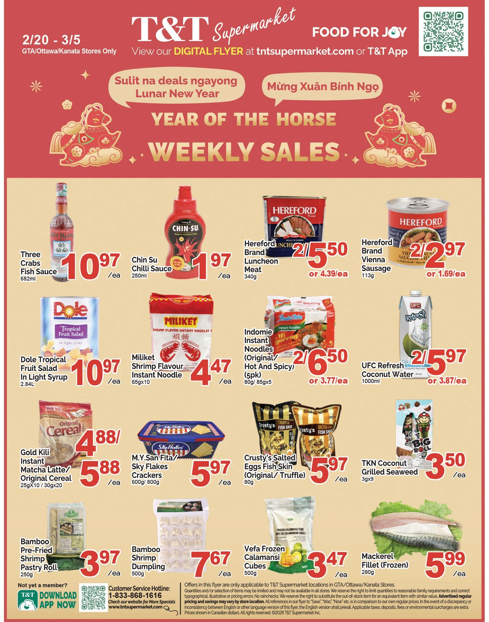 T&T Supermarket weekly sales flyer for GTA/Ottawa/Kanata stores, valid February 20 to March 5. Featured items include Three Crabs Fish Sauce for $10.97, Chin Su Chilli Sauce for $1.97, Hereford Brand Luncheon Meat for $5.50 (or $4.39 each), and Hereford Brand Vienna Sausage for $2.97 (or $1.69 each). Also on sale are Dole Tropical Fruit Salad for $10.97, Miliket Shrimp Flavour Instant Noodles for $4.47, Indomie Instant Noodles (Original/Hot And Spicy) for $6.50 (or $3.77 each), and UFC Refresh Coconut Water for $5.97 (or $3.87 each). Additional deals include Gold Kili Instant Matcha Latte/Original Cereal for $5.88, M.Y.San Fita Sky Flakes Crackers for $5.97, Crusty's Salted Eggs Fish Skin (Original/Truffle) for $5.97, and TKN Coconut Grilled Seaweed for $3.50. Other items are Bamboo Pre-Fried Shrimp Pastry Roll for $3.97, Bamboo Shrimp Dumpling for $7.67, Vefa Frozen Calamansi Cubes for $3.47, and Mackerel Fillet (Frozen) for $5.99. Download the T&T app for more specials.