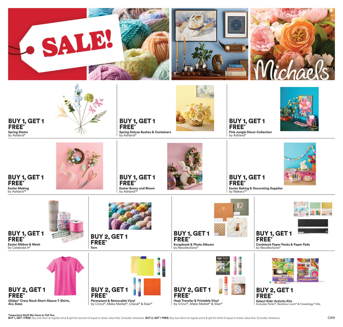 Michaels flyer page featuring a large SALE! banner. Promotions include BUY 1, GET 1 FREE on Spring Stems, Spring Deluxe Bushes & Containers, Pink Jungle Décor Collection, Easter Making items, Easter Bunny and Bloom decorations, and Easter Baking & Decorating Supplies. Also featured are BUY 1, GET 1 FREE on Ribbon & Mesh, Yarn, Scrapbook & Photo Albums, and Cardstock Paper Packs & Paper Pads. Additionally, there are BUY 2, GET 1 FREE offers on Gildan Crew Neck Short-Sleeve T-Shirts (all sizes), Permanent & Removable Vinyl by Cricut, Make Market, Oracal & Siser, Heat Transfer & Printable Vinyl by Cricut, Make Market & Siser, and Select Kids' Activity Kits, excluding Perler, Rainbow Loom & Creatology Kits. Important details about the BUY 1, GET 1 FREE and BUY 2, GET 1 FREE offers are noted at the bottom.