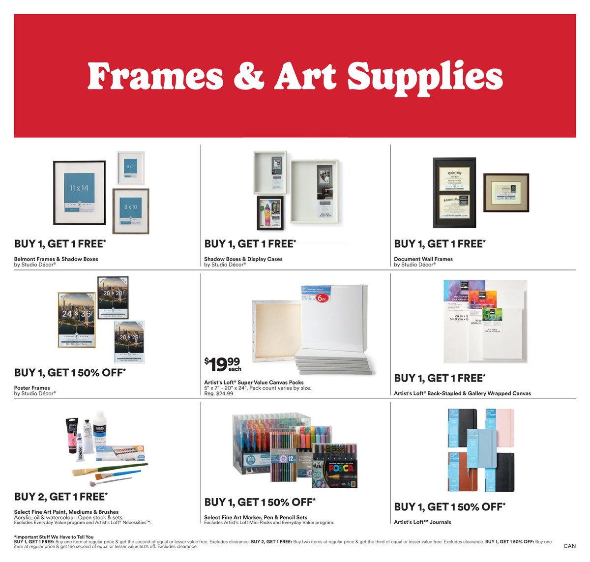 Michaels flyer page 2 features Frames & Art Supplies. Offers include Buy 1, Get 1 Free on Belmont Frames & Shadow Boxes by Studio Decor, Shadow Boxes & Display Cases by Studio Decor, and Artist's Loft Back-Stapled & Gallery Wrapped Canvas. Also available are Buy 1, Get 1 50% off Poster Frames by Studio Decor, and Artist's Loft Fine Art Marker, Pen & Pencil Sets, and Artist's Loft Journals. Artist's Loft Super Value Canvas Packs are $19.99 each. Buy 2, Get 1 Free on Select Fine Art Paint, Mediums & Brushes.