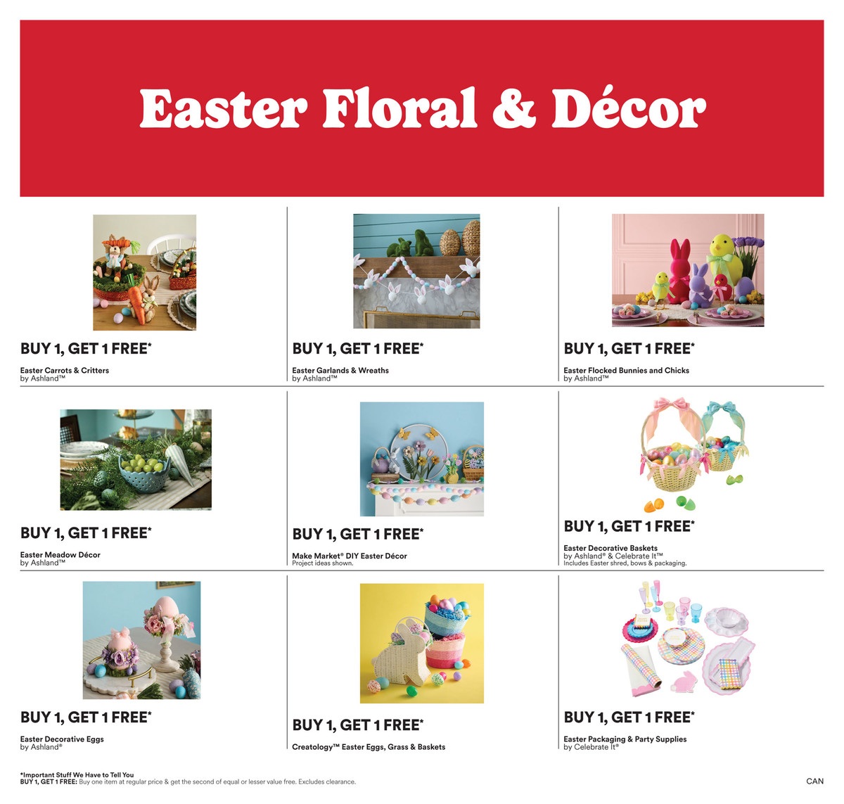 Michaels flyer page 3 features Easter Floral & Décor with a Buy 1, Get 1 FREE offer on select items. Featured products include Easter Carrots & Critters by Ashland, Easter Garlands & Wreaths by Ashland, Easter Flocked Bunnies and Chicks by Ashland, Easter Meadow Décor by Ashland, Make Market DIY Easter Décor, Easter Decorative Baskets by Ashland & Celebrate It, Easter Decorative Eggs by Ashland, Creatology Easter Eggs, Grass & Baskets, and Easter Packaging & Party Supplies by Celebrate It. The offer states 'Important Stuff We Have to Tell You': Buy 1, Get 1 FREE on any regular price item & get the second of equal or lesser value free. Excludes clearance. Offer valid from February 20 to February 26, 2026.
