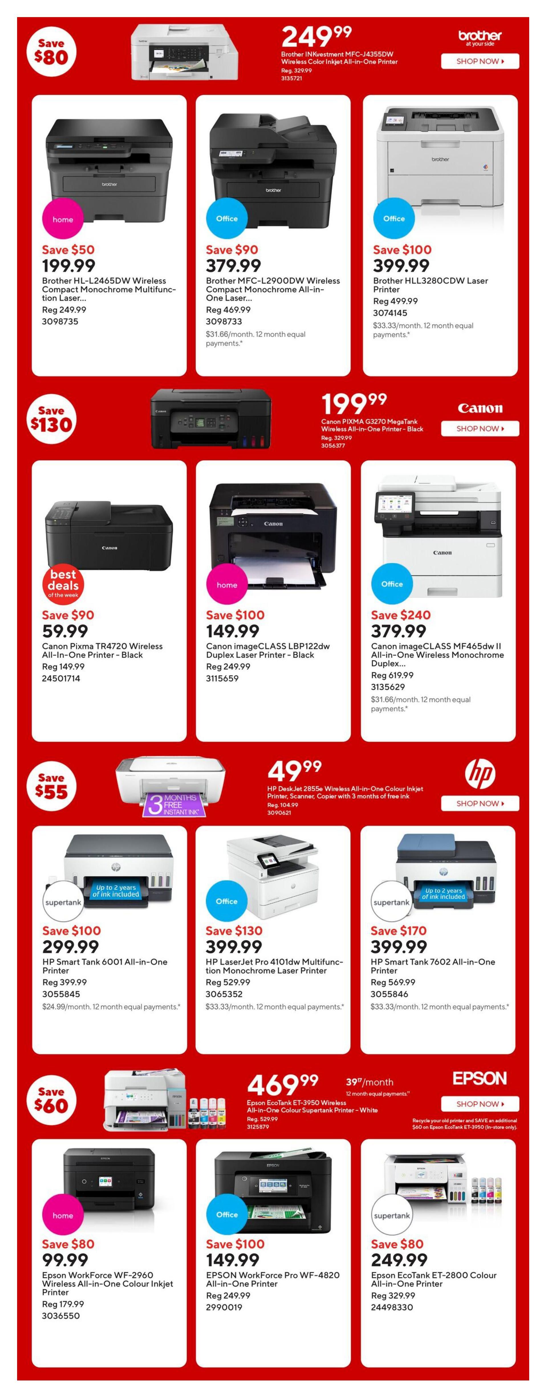 Staples Weekly Flyer Specials Page 4 features a variety of printers on sale. Top row includes the Brother INKvestment MFC-J4355DW Wireless Color Inkjet All-in-One Printer for $249.99 (regularly $329.99), Brother MFC-L2900DW Wireless Compact Monochrome All-in-One Laser Printer for $379.99 (regularly $469.99), and Brother HLL3280CDW Laser Printer for $399.99 (regularly $499.99). The second row highlights 'best deals' with the Canon PIXMA TR4720 Wireless All-in-One Printer - Black for $59.99 (regularly $149.99), Canon imageCLASS LBP122dw Duplex Laser Printer - Black for $149.99 (regularly $249.99), and Canon imageCLASS MF465dw II All-in-One Wireless Monochrome Duplex Printer for $379.99 (regularly $619.99). Below that, the Canon PIXMA G3270 MegaTank Wireless All-in-One Printer - Black is available for $199.99 (regularly $329.99). Further down, HP printers are featured: HP Smart Tank 6001 All-in-One Printer for $299.99 (regularly $399.99) with 3 months free instant ink, HP DeskJet 2855e Wireless All-in-One Colour Inkjet Printer, Scanner, Copier with 3 months of free ink for $49.99 (regularly $104.99), and HP LaserJet Pro 4141dw Multifunction Monochrome Laser Printer for $399.99 (regularly $529.99). The bottom row showcases Epson printers: Epson WorkForce WF-2960 Wireless All-in-One Colour Inkjet Printer for $99.99 (regularly $179.99), Epson WorkForce Pro WF-4820 All-in-One Printer for $149.99 (regularly $249.99), and Epson EcoTank ET-2800 Colour All-in-One Printer for $249.99 (regularly $329.99), with an additional $60 savings on Epson EcoTank ET-3950 in-store only.