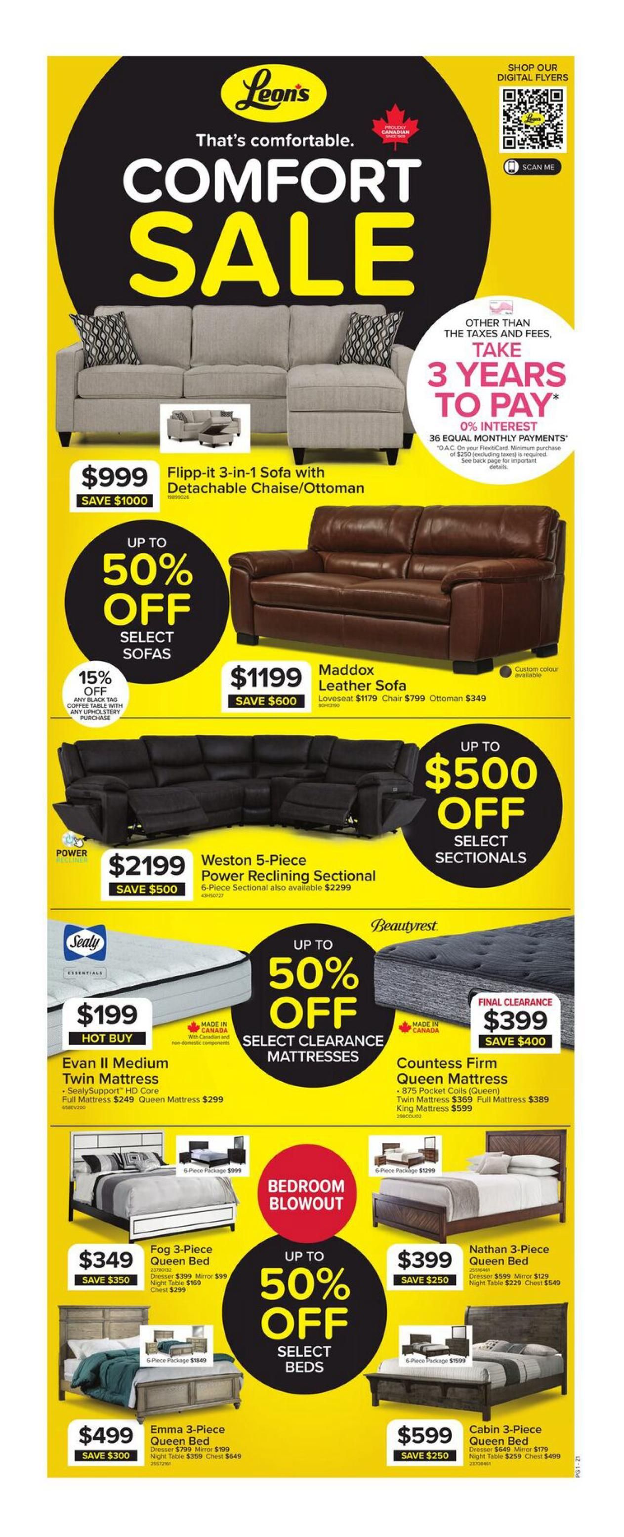 Leon's Comfort Sale flyer, page 1. Featured items include a Flipp-it 3-in-1 Sofa with Detachable Chaise/Ottoman for $999, saving $1000. Enjoy up to 50% off select sofas. The Maddox Leather Sofa Loveseat is $1199, saving $600, with a chair for $799 and ottoman for $349. Get up to $500 off select sectionals, including the Weston 5-Piece Power Reclining Sectional for $2199, saving $500. A 6-Piece Sectional is also available for $2299. The Evan II Medium Twin Mattress is a hot buy at $199, made in Canada. Full Mattress is $249 and Queen Mattress is $299. The Countess Firm Queen Mattress is final clearance at $399, saving $400, featuring 875 Pocket Coils. Twin Mattress is $369 and King Mattress is $599. Bedroom Blowout deals include the Fog 3-Piece Queen Bed for $349, saving $350, with dresser for $99, night table for $169, and chest for $299. The Emma 3-Piece Queen Bed is $499, saving $300, with dresser for $799, night table for $359, and chest for $649. The Nathan 3-Piece Queen Bed is $399, saving $250, with dresser for $599, mirror for $129, night table for $229, and chest for $549. The Cabin 3-Piece Queen Bed is $599, saving $250, with dresser for $649, mirror for $179, night table for $259, and chest for $499. Also featured is 15% off any black tag coffee table with any upholstery purchase. Take 3 Years to Pay with 0% interest on 36 equal monthly payments on purchases of $250 or more (excluding taxes) with FlexiCard.