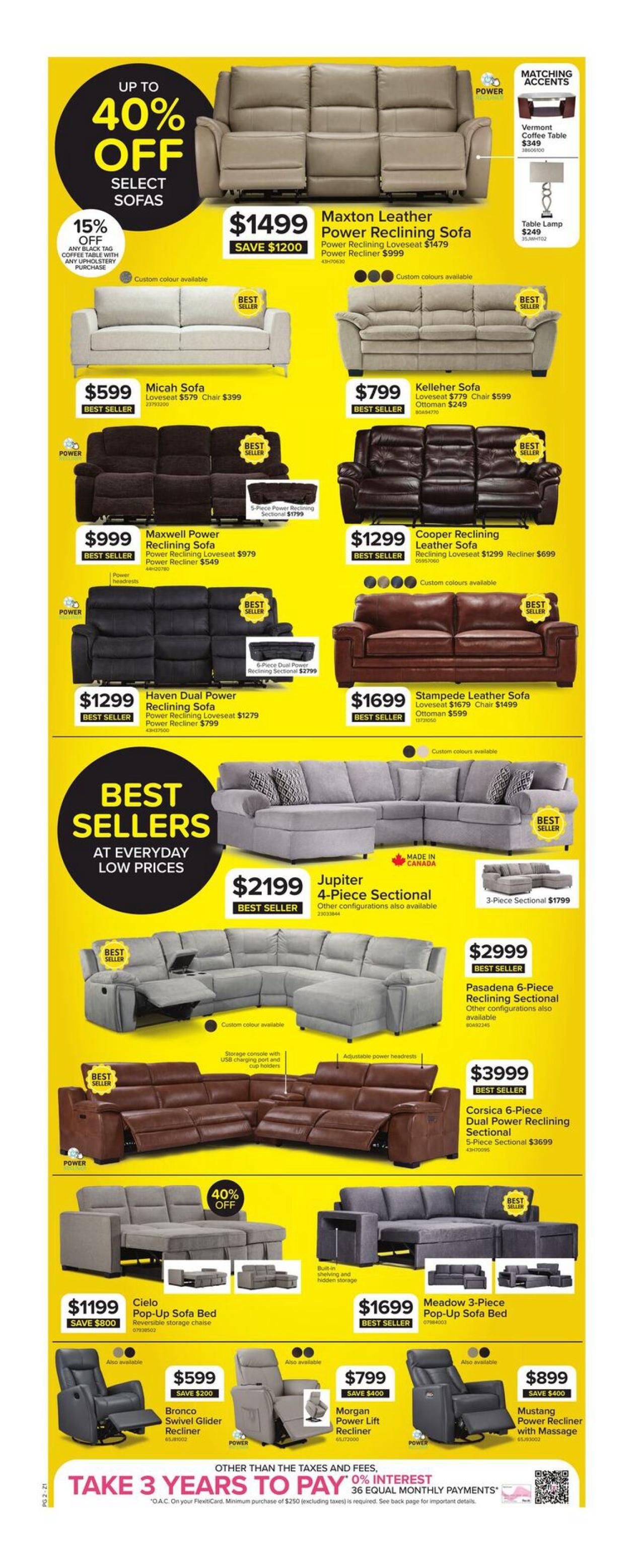 Leon's flyer page 2 features a wide selection of sofas and sectionals with up to 40% off select sofas. Featured items include the Maxton Leather Power Reclining Sofa for $1499 (save $1200), Kelleher Sofa for $799, Micah Sofa for $599, Maxwell Power Reclining Sofa for $999, and Cooper Reclining Leather Sofa for $1299. Also available are the Haven Dual Power Reclining Sofa for $1299 and Stampede Leather Sofa for $1699. Best sellers at everyday low prices include the Jupiter 4-Piece Sectional for $2199, Pasadena 6-Piece Reclining Sectional for $2999, and Corsica 6-Piece Dual Power Reclining Sectional for $3999. Other sectionals like the 3-Piece Sectional are $1799. The Cielo Pop-Up Sofa Bed is $1199 (save $800), and the Meadow 3-Piece Pop-Up Sofa Bed is $1699. Recliners include the Bronco Swivel Glider Recliner for $599 (save $200), Morgan Power Lift Recliner for $799 (save $400), and Mustang Power Recliner with Massage for $899 (save $400). Matching accents like the Vermont Coffee Table are $349 and a Table Lamp is $249. Financing offer: Take 3 years to pay with 0% interest on 36 equal monthly payments on purchases of $250 or more (excluding taxes).